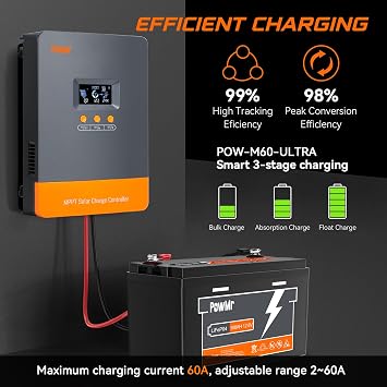MPPT Solar Charging Controller 60A 12V/24V/36V/48V Automatic, 60Amp Solar Regulator Charging Current can be set to a range of 2-60A, Support up to 12 solar controllers in parallel