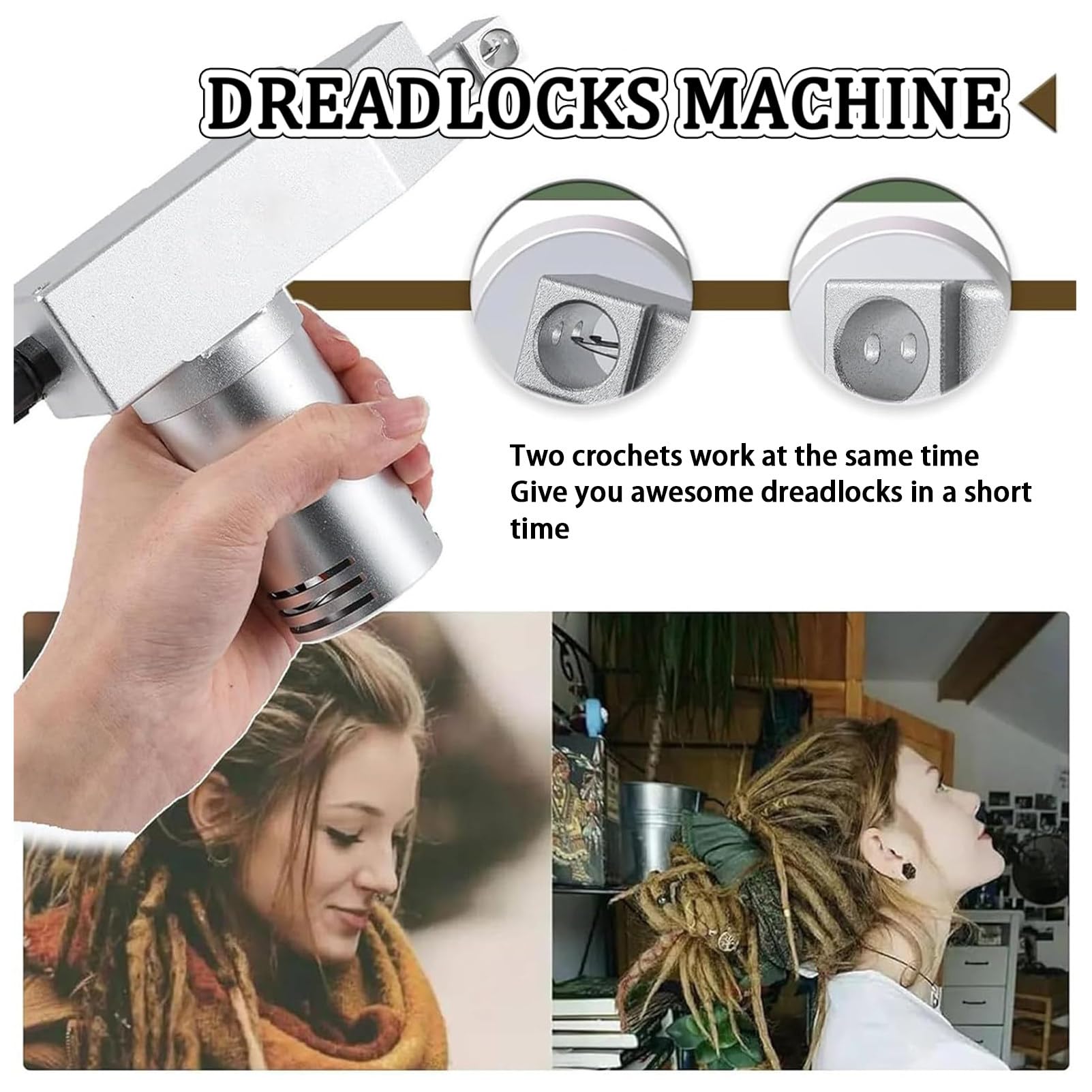 Handgehaltenes Dreadlock-Werkzeug, automatische Loc Maker-Maschine mit 6 austauschbaren Lochgrößen (6/8/10/12/14/16 mm) und Mehreren Styling-Tools