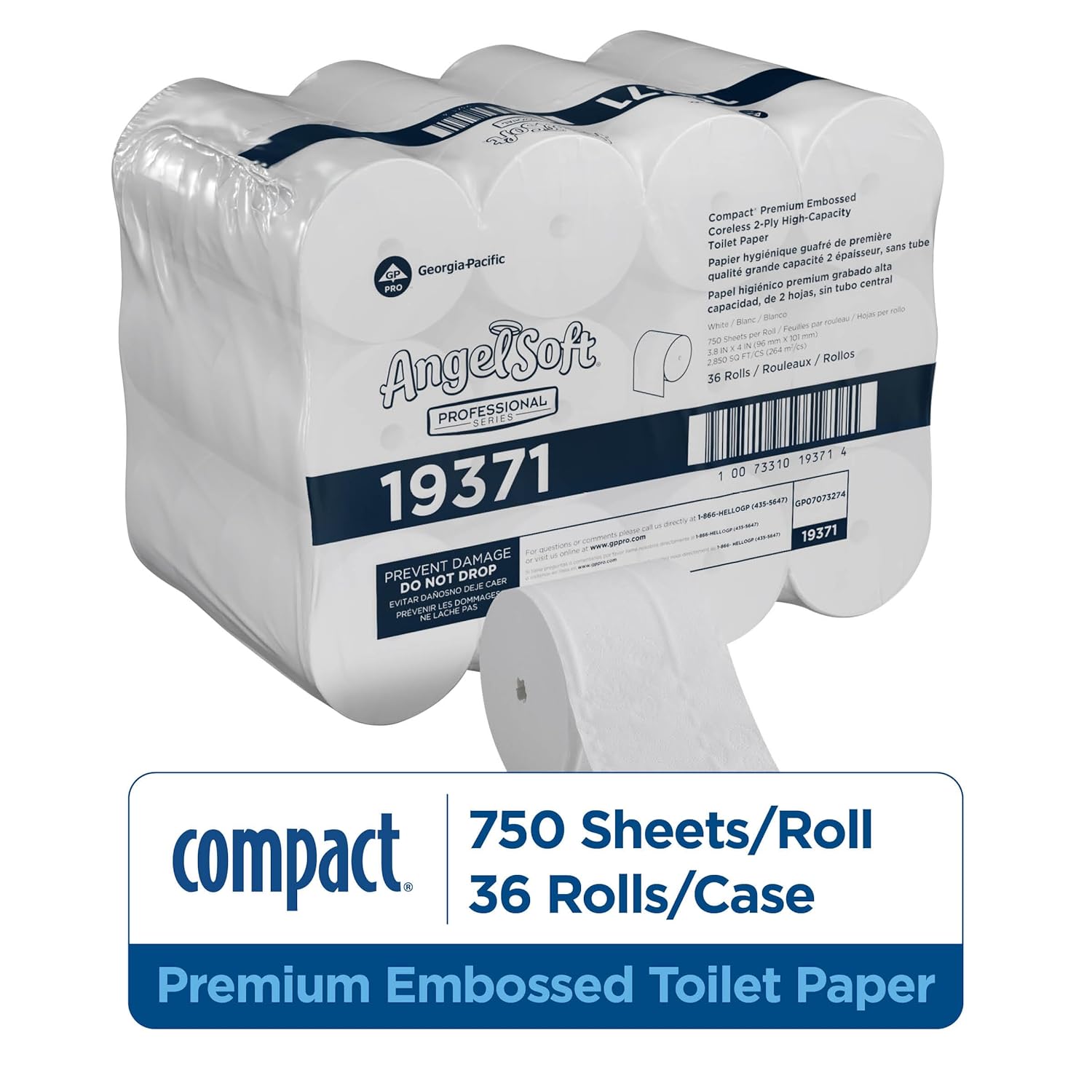 Angel Soft Professional Series Compact Premium Embossed Coreless 2-Ply High-Capacity Toilet Paper by GP PRO, White, 19371, 750 Sheets Per Roll, 36 Rolls Per Case