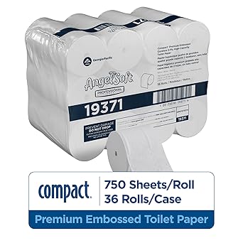 Angel Soft Professional Series Compact Premium Embossed Coreless 2-Ply High-Capacity Toilet Paper by GP PRO, White, 19371, 750 Sheets Per Roll, 36 Rolls Per Case
