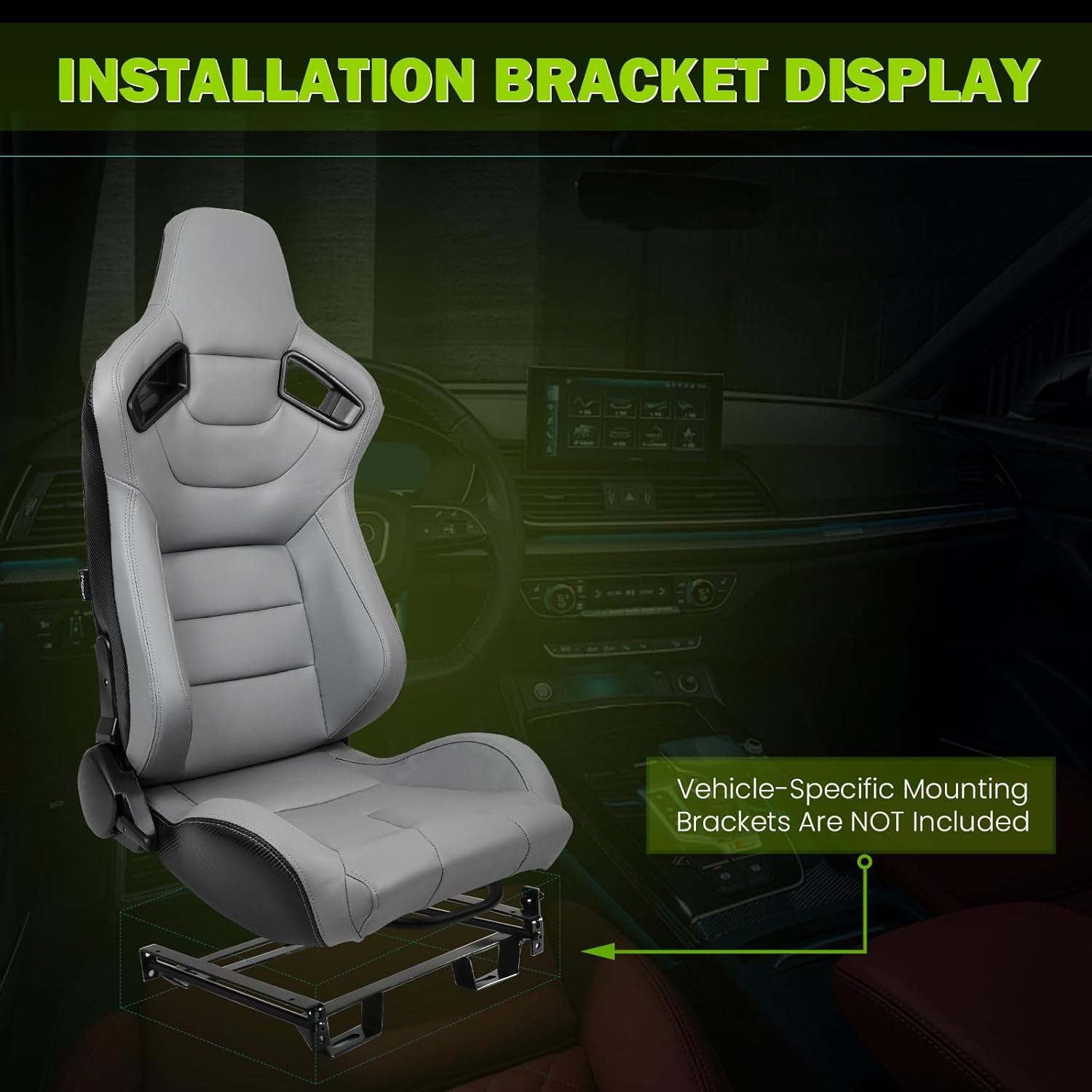 Universal Racing Seat with Dual Sliders, PU Leather Front + Carbon Leather Back Reclinable Bucket Seat, Passenger Side-Gray