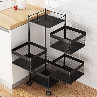InSyoForeverEC Storage Rack, Rotating Multi-Layer Kitchen Storage Shelf, Fruit Vegetable Storage Basket, Rolling Utility Cart with Lockable Wheels, Movable Snack Stand Household Shelf