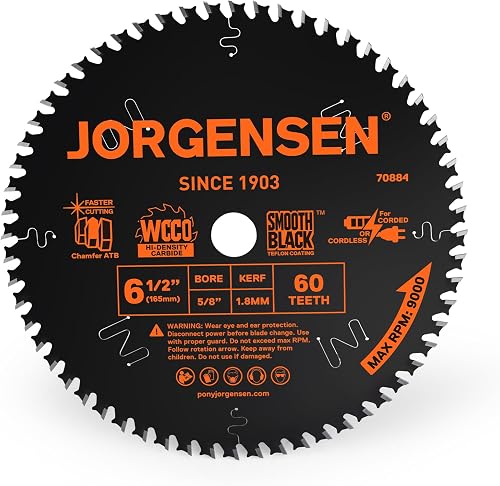 JORGENSEN 6-1/2" 60T Circular Saw Blade, Carbide Tipped Finish Blade | ATB+V Teeth Deliver Clean & Smooth Precision Cuts for Furniture, Plywood, Hardwood and Finish Woodworking Projects