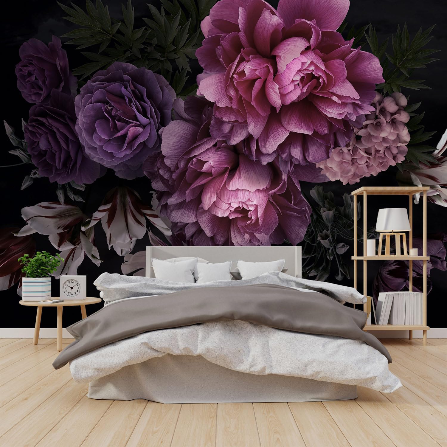 Purple Floral Background Wallpaper, Bedroom Peony Decorative Mural (Self-Adhesive) - 85"x118"