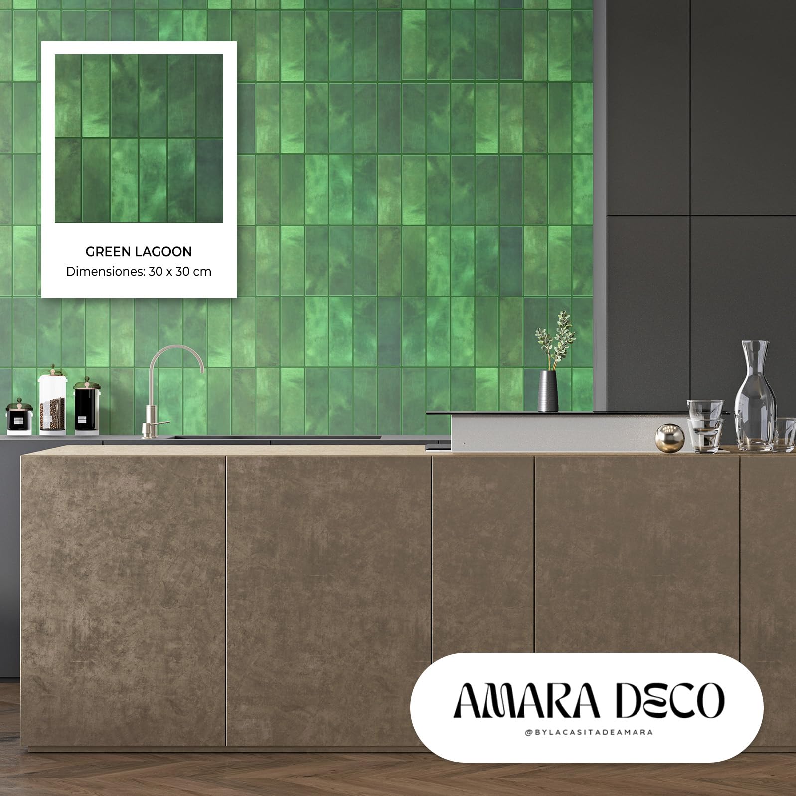 AMARA DECO – 20 Piastrelle Adesive Cucina e Bagno 30x30cm. Mattonelle Adesive da Parete con Effetto Piastrelle 3D, Impermeabili, Resistenti al Calore e Facili da Pulire(Rettangolari) (20, Verde)
