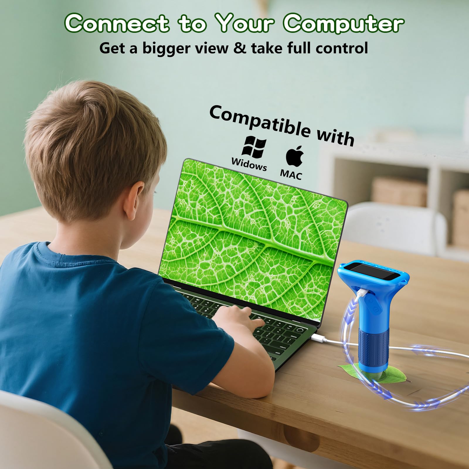 Odatay Microscopio per bambini con 12 vetrini, 100X-1000X 1080P, mini microscopio portatile tascabile per bambini, giocattoli scientifici, idea regalo per bambini di 3+ 4 5 6 7 8 9 10 11 12 anni, blu