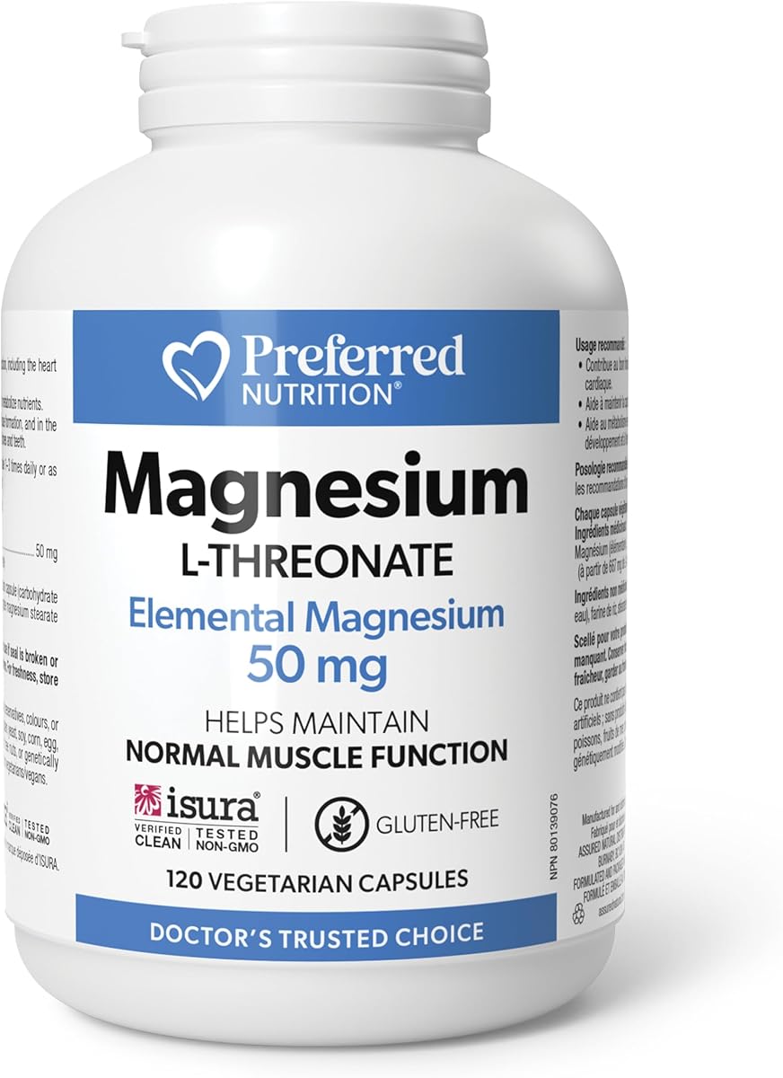 Preferred Nutrition Preferred Nutrition® Magnesium L-Threonate 150 mg per Serving (3 Capsules), 120 Vegetarian Capsules, Elemental Magnesium, Helps Maintain Muscle Function, Gluten Free, Vegan, Proudly Canadian
