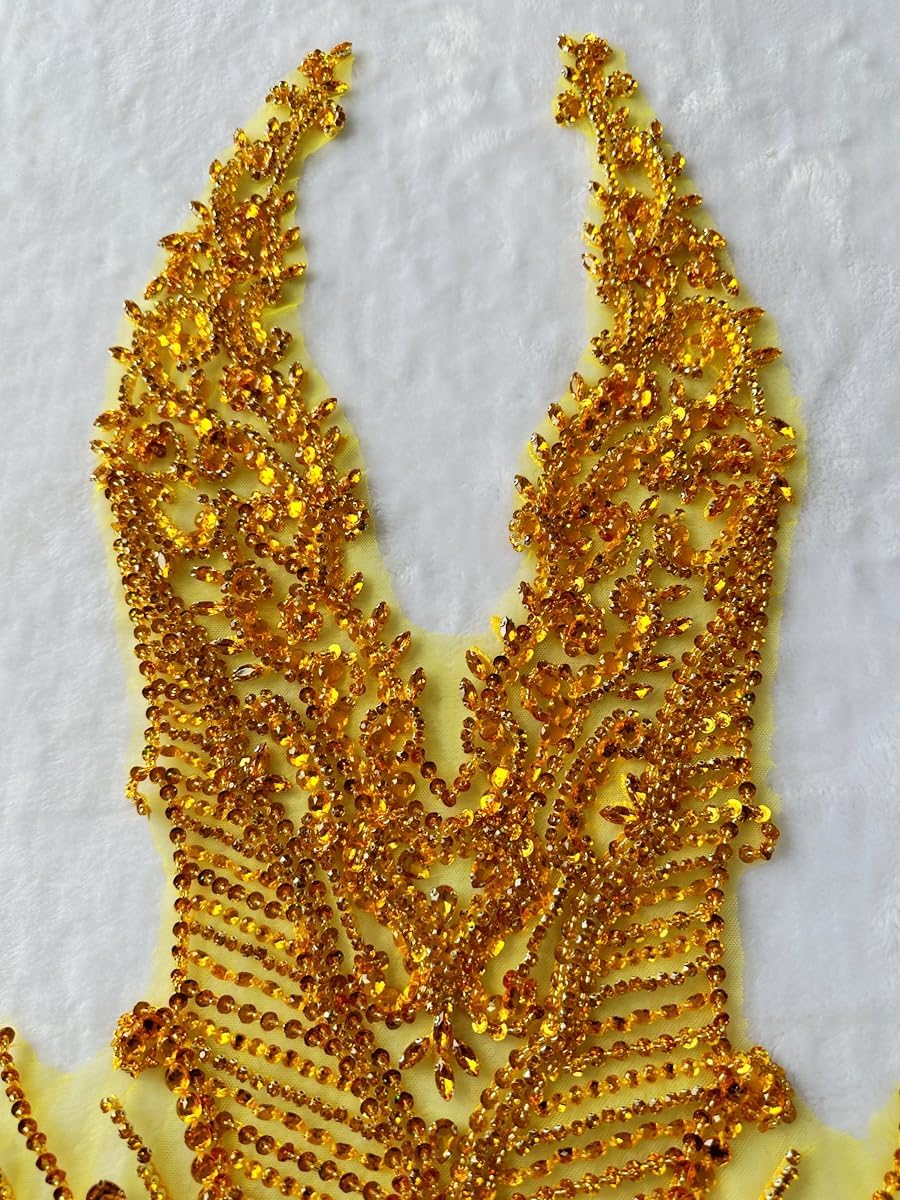 Handmade Rhinestones Bodice Applique sew on Beads Trim Patches Trim Accessories for Wedding Dress Shiny Decorative lace Patch (Gold)