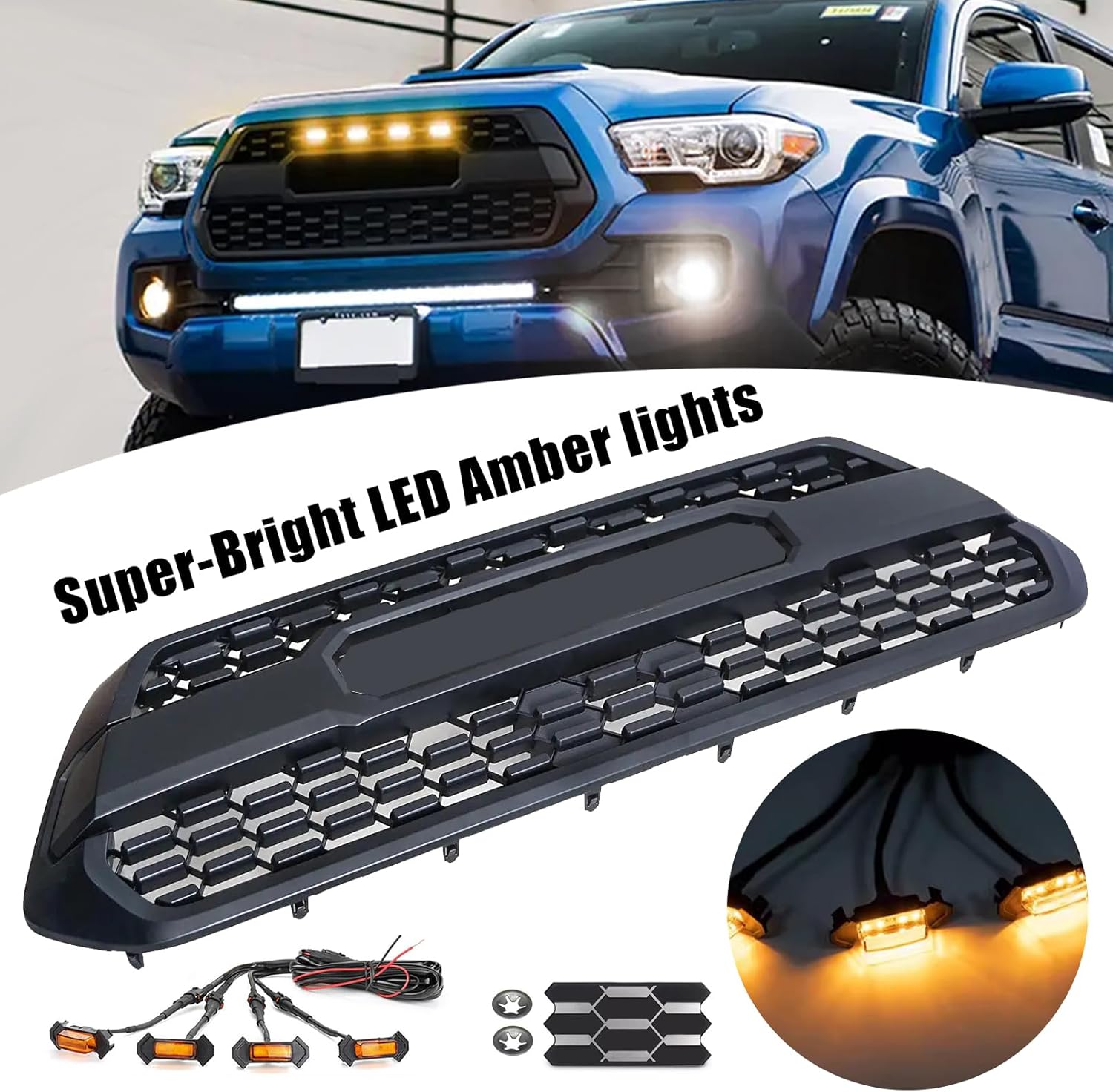 Bewild Front Grille Replacement For Tacoma Front Bumper Grille With Radar Sensor Cover Garnish & LED Amber Lights Fit For 2016-2023 Toyota Tacoma