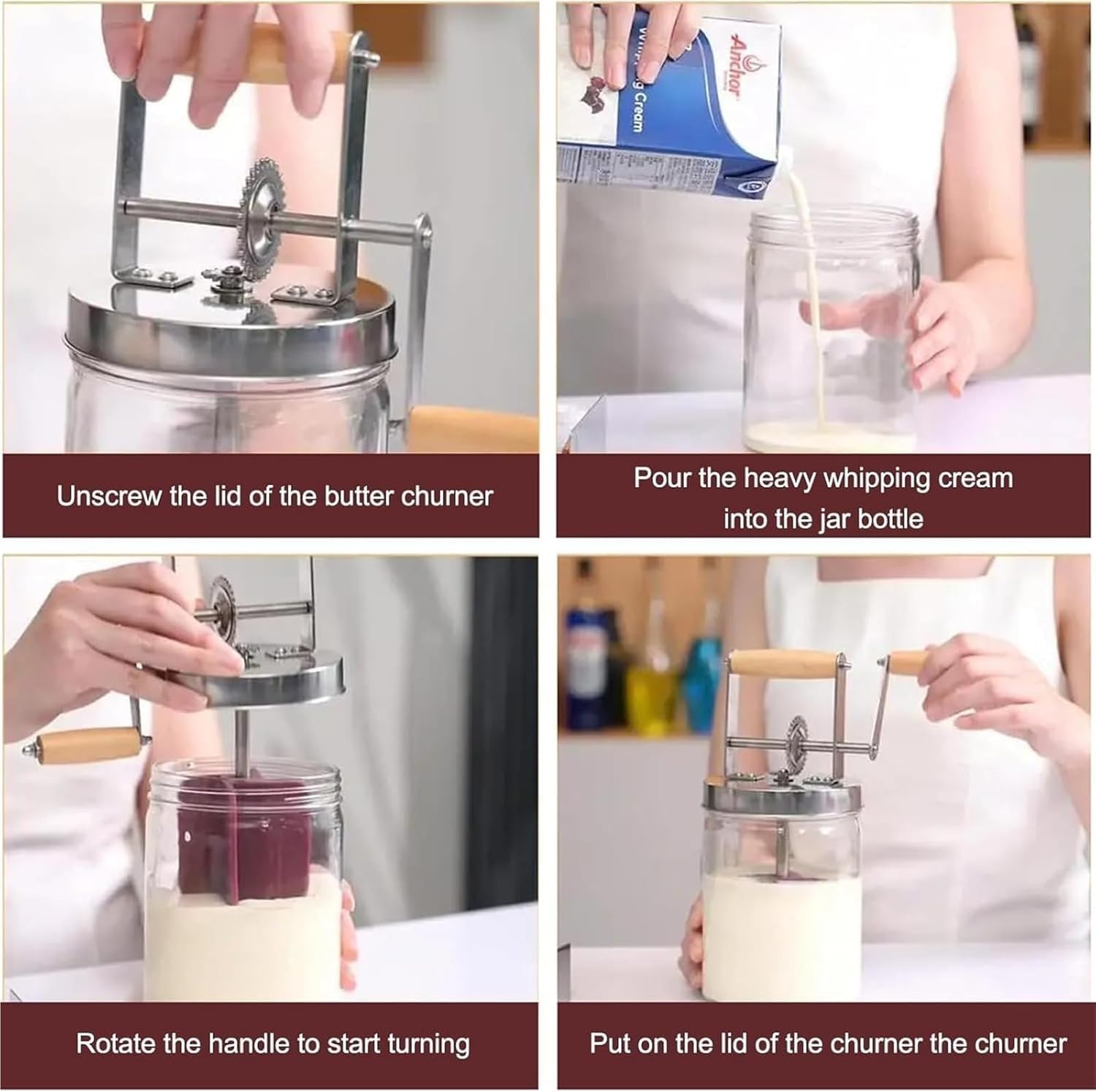 Hand Crank Butter Churner, Churn Washable Butter Maker, with Glass Jar & Wooden Handle, Stainless Steel Paddle, for Home Kitchen Restaurant Baking(1500ml)