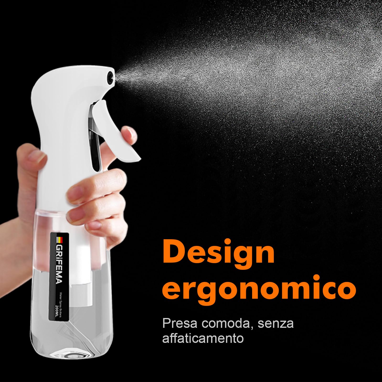GRIFEMA Spruzzatore Bianco 200 ml – Flacone Spray Riutilizzabile a Nebbia Fine e Uniforme, Design Antigoccia per Capelli, Piante, Viso e Pulizia Domestica, GE2003W-200