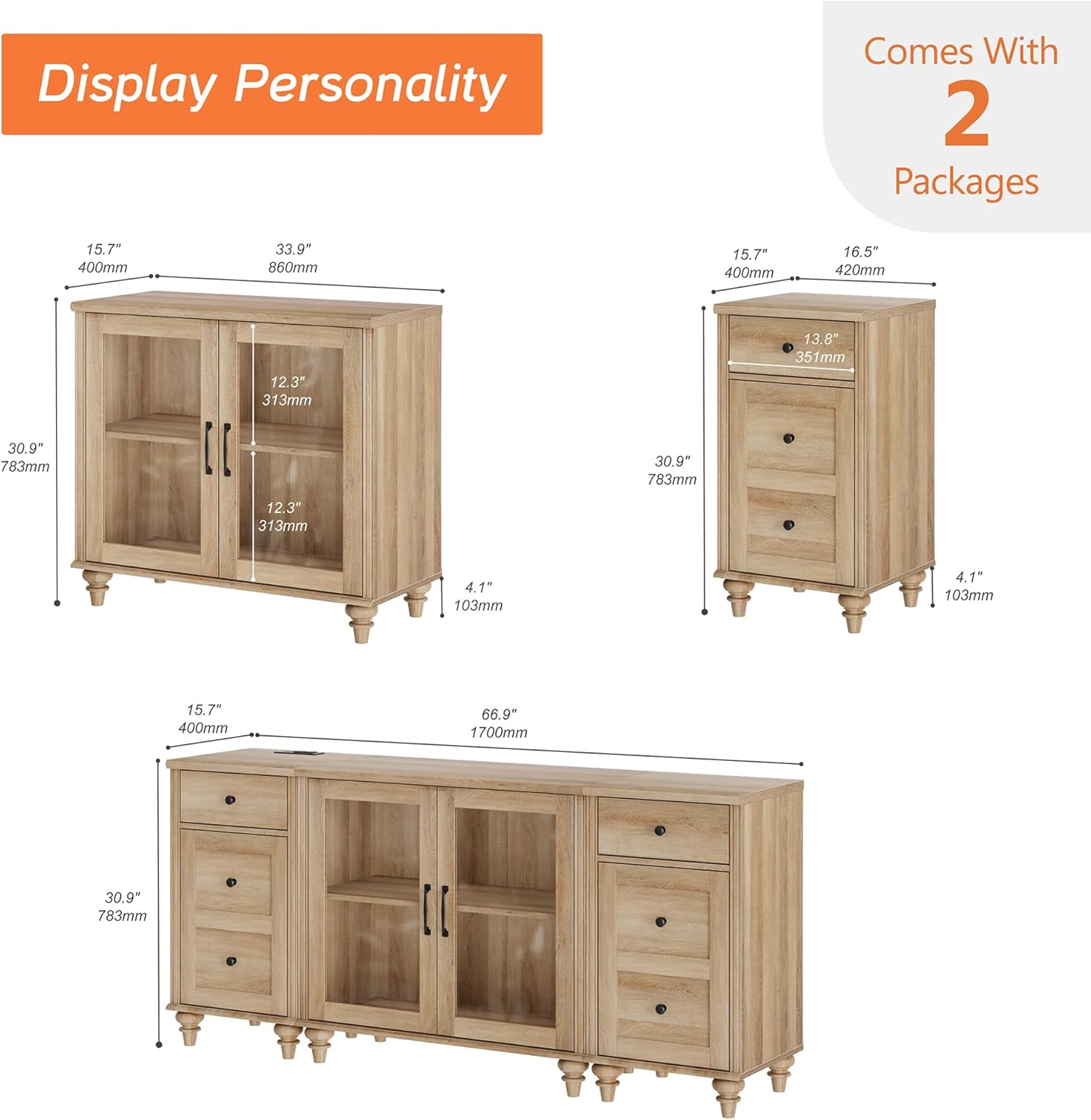 WAMPAT TV Stand for 75 Inch TV, Wood TV Cabinet Entertainment Center with Charging Station, Glass Door Buffet Cabinet for Dining Room, Oak