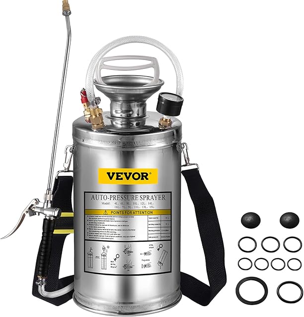 BuoQua 6L Stainless Steel Sprayer 1.5Gallon Steel Hand-Pump Sprayer with 3.3-inch Reinforced Hose Pressure Garden Sprayer for Home Gardening and Ground Cleaning(6L), Silver, PWQBXG6L000000001