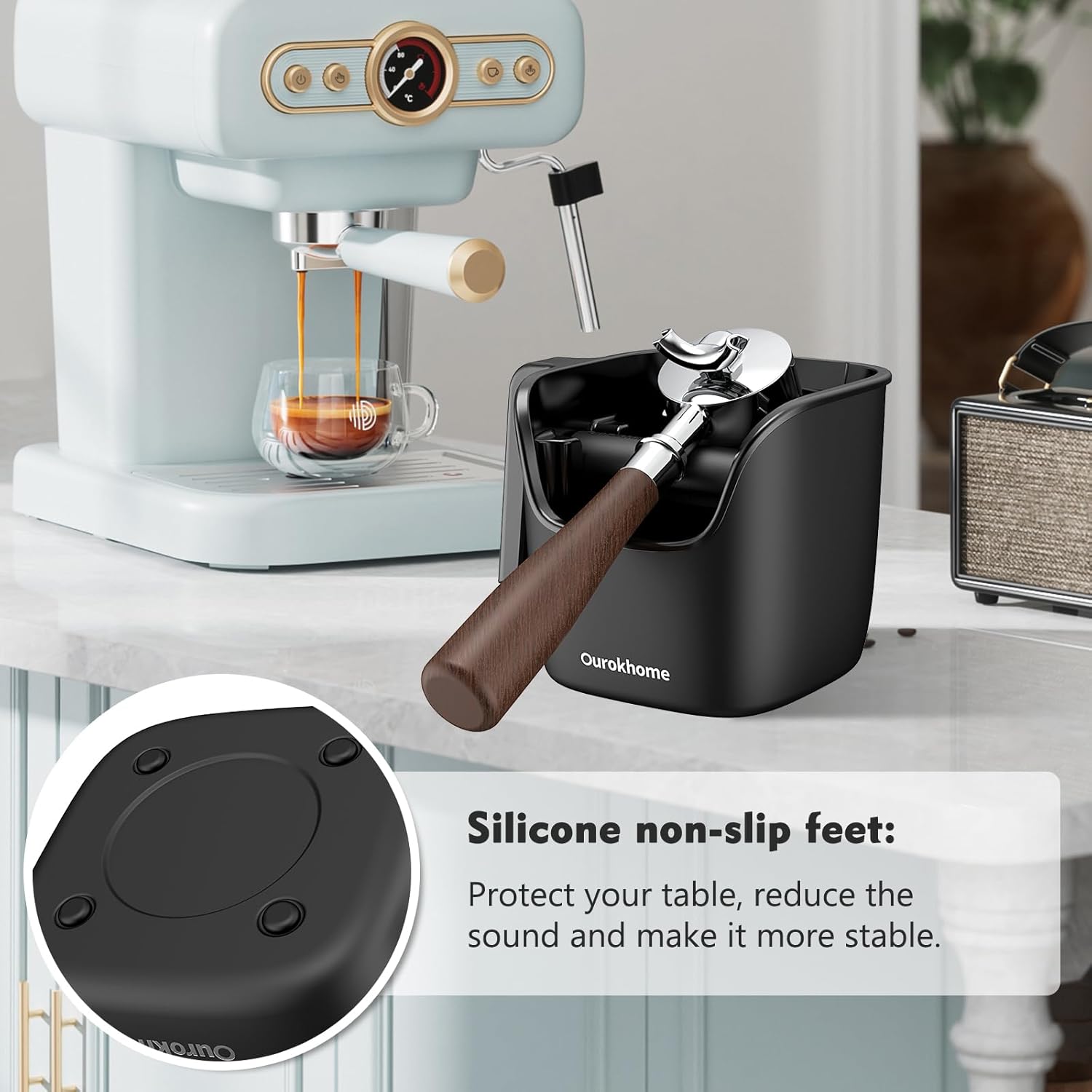 Ourokhome Espresso Knock Box with Lid, Compact Coffee Grounds Container for Home Coffee Bar, Removable Knock Bar, 304 Stainless Steel Exterior, Non-Slip Base & Handle, Easy Clean (Black)