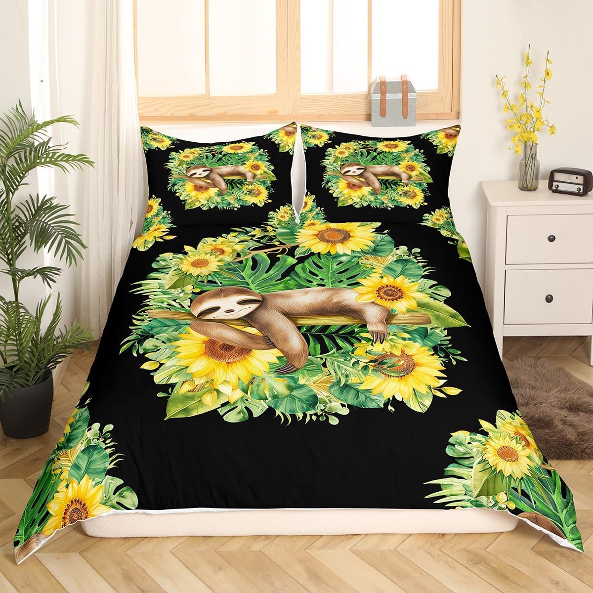 Sloth Comforter Cover For Kids, Flower Palm Leaf Duvet Cover Full, Cute Animal Lying On The Branch Bedding Set For Boys Girls Children, Cartoon Sloth Bedspread Cover Bedroom Decor, 2 Pillowcases