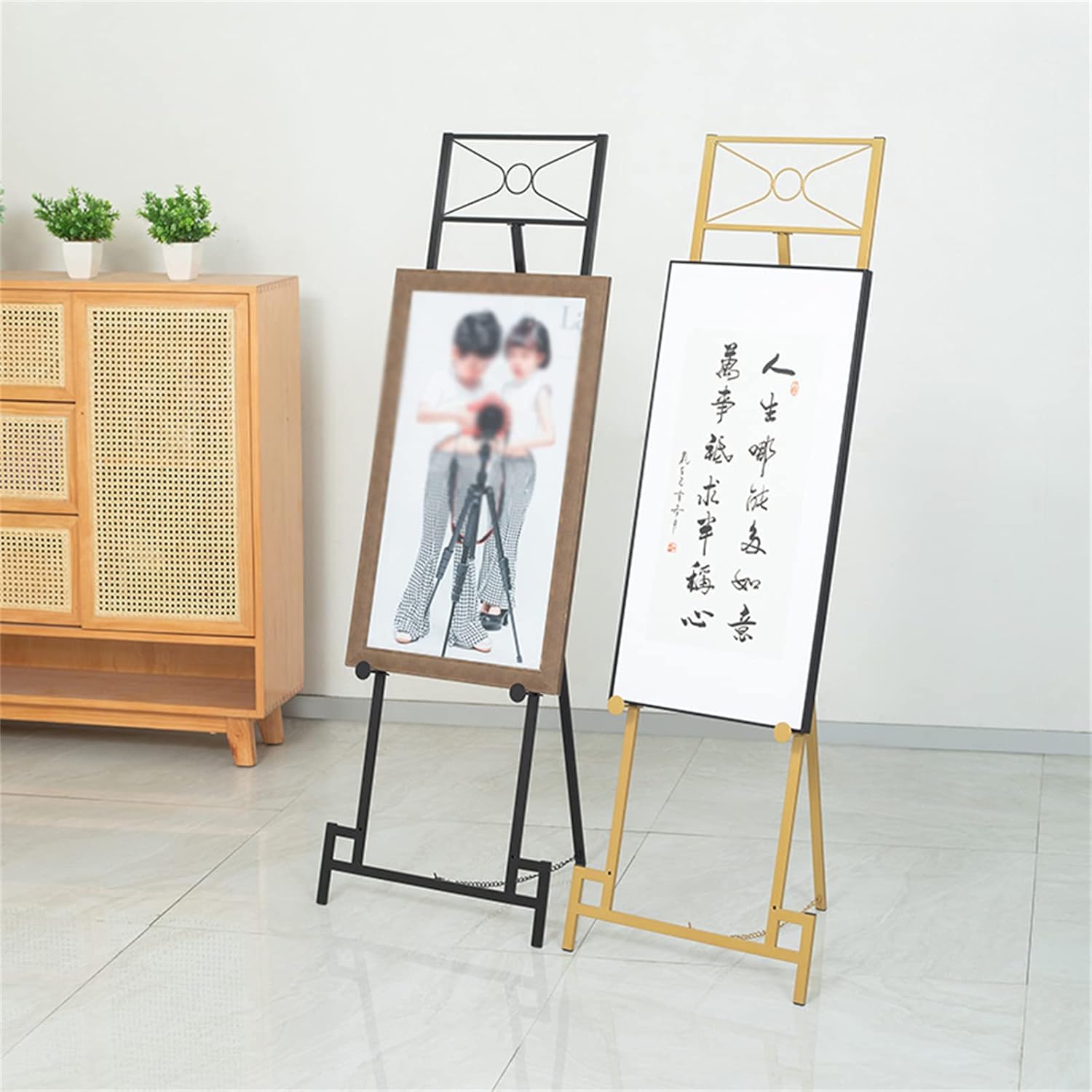 Caballete para exhibición de pinturas, soporte de exhibición de arte portátil plegable con marco en H, soporte para carteles de bodas, hoteles y restaurantes, dorado/negro/blanco, 150 cm de alto (blan