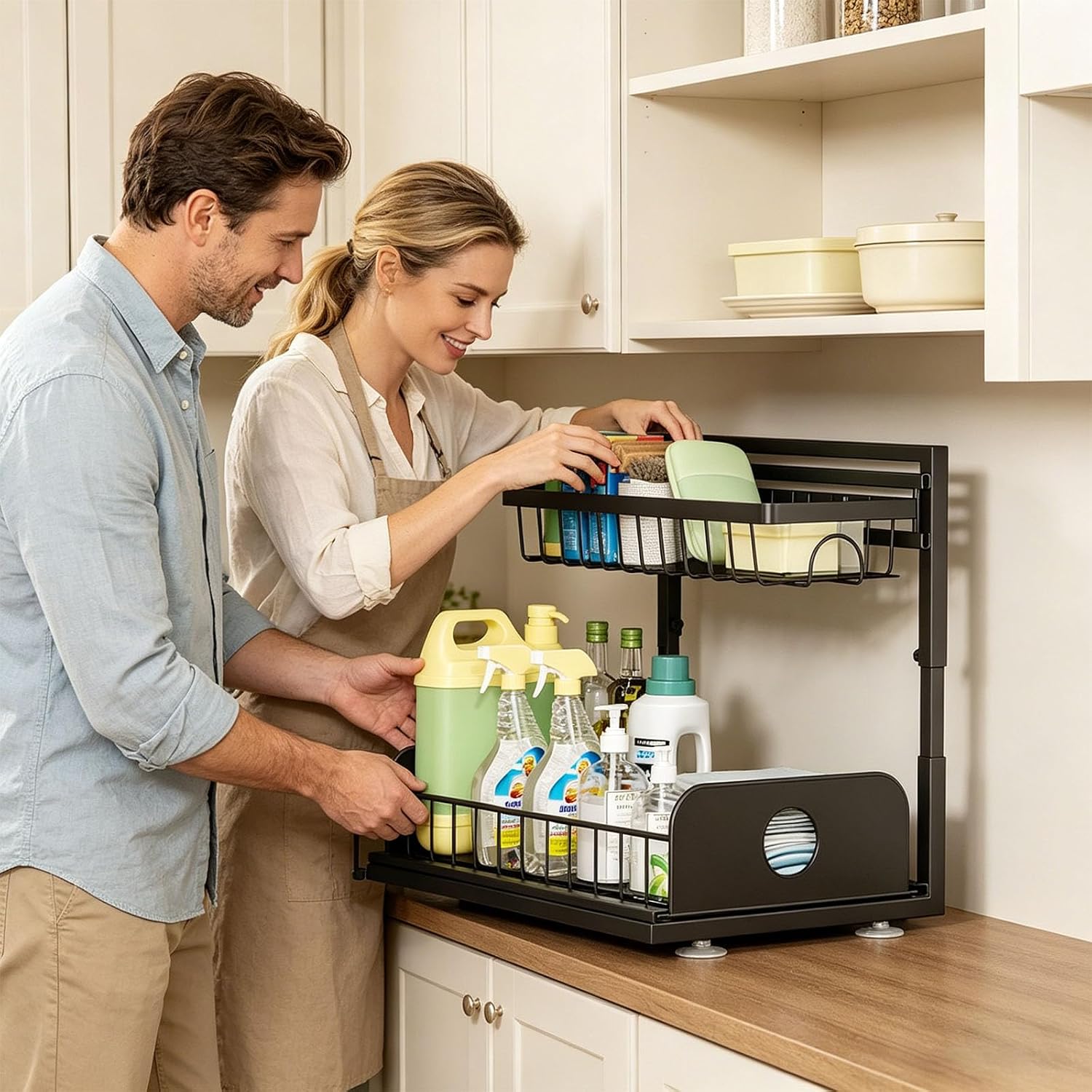 2 Levels Under Cupboard Shelf with Easy Assembly & High Weight Capacity Space Saving Sink Shelf for Kitchen Use Heights Modifiable Sink Rack