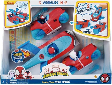 Jazwares Marvel Spidey and His Amazing Friends Spidey Team Split Racer - 8.5-Inch Three-in-One Vehicle with Web Darts, Sound Effects, and Phrases