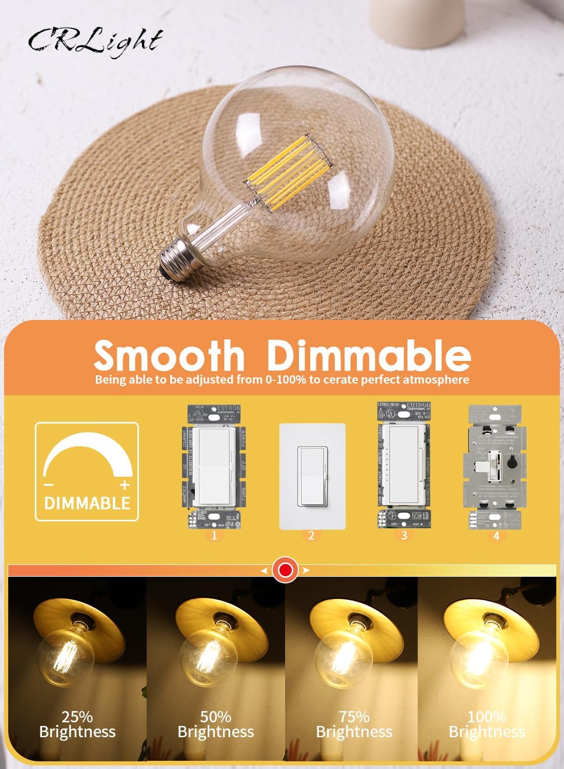 CRLight 12W Dimmable LED Large Globe Bulb 100W Equivalent 1000LM, 3000K Soft White, G40 Replacement E26 Base Antique Edison G125 5 Inch Oversize Clear LED Filament Light Bulbs, Smooth Dimming
