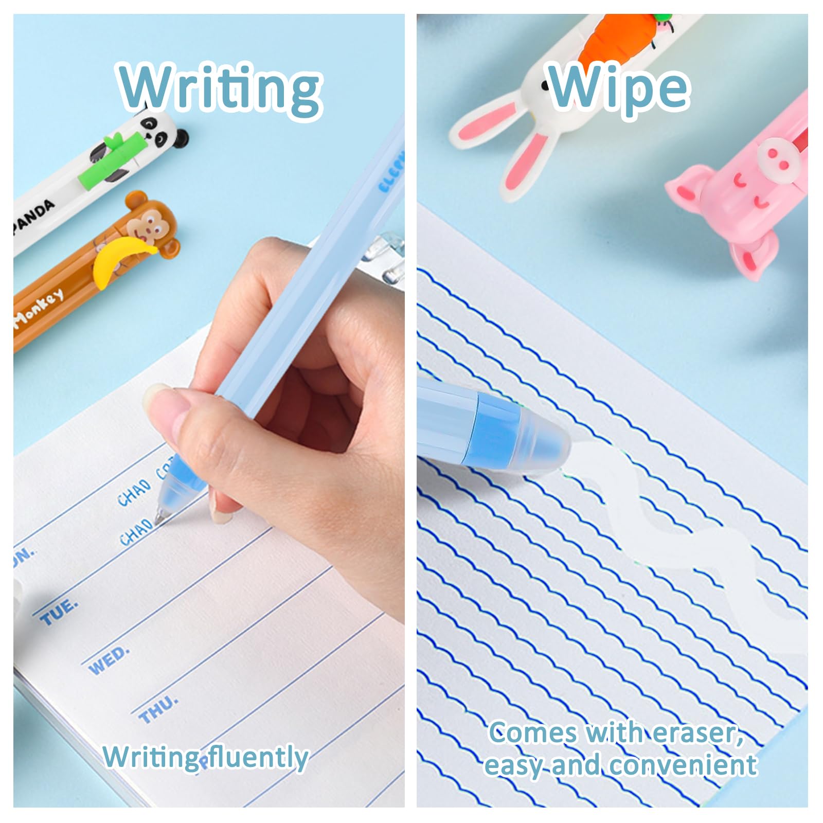 Set di 6 penne gel cancellabili, 0,7 mm, blu, motivo animale, con gomma integrata, inchiostro sensibile al calore, adatto come regalo per Pasqua, inizio della scuola