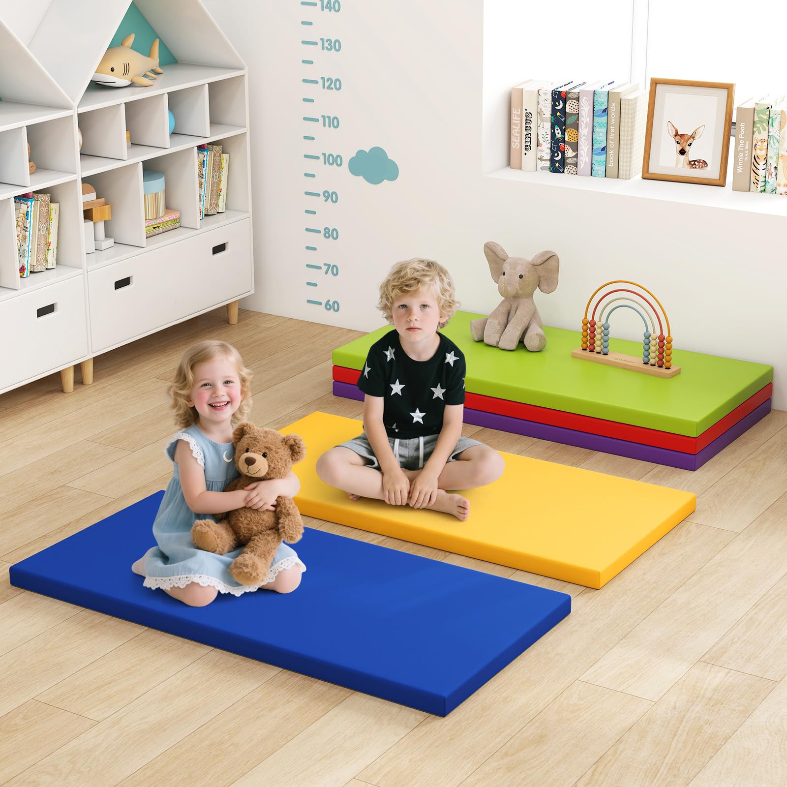 COSTWAY 5 er Set Turnmatte Kinder, 120 x 60cm Weichbodenmatte bunt, Gymnastikmatte aus Kunstleder, tragbar & Stapelbar, Sportmatte Kindermatratze für Zuhause, Kindergarten