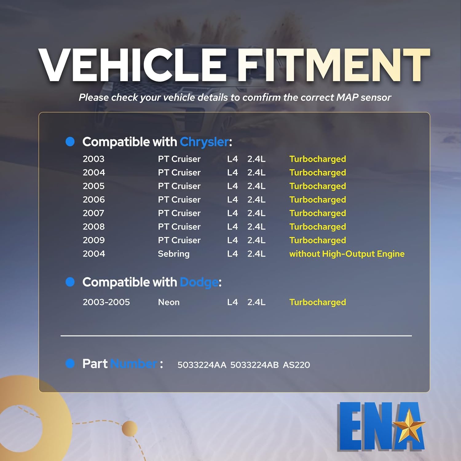ENA Manifold Absolute Pressure Sensor Compatible with 2003 2004 2005 2006 2007 2008 2009 Chrysler Dodge PT Cruiser Sebring Neon Stratus Replacement for AS220