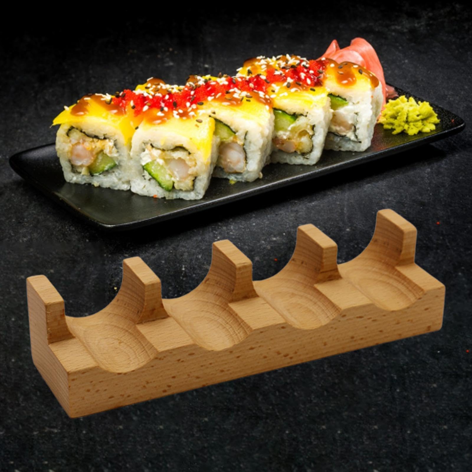 Wooden Sushi Taco Holder Rack Wood Tableware Tray Plate Boat Sushi Hand Roll Stand Taco Shell Stand for Kitchen Presentation , 4 Slots