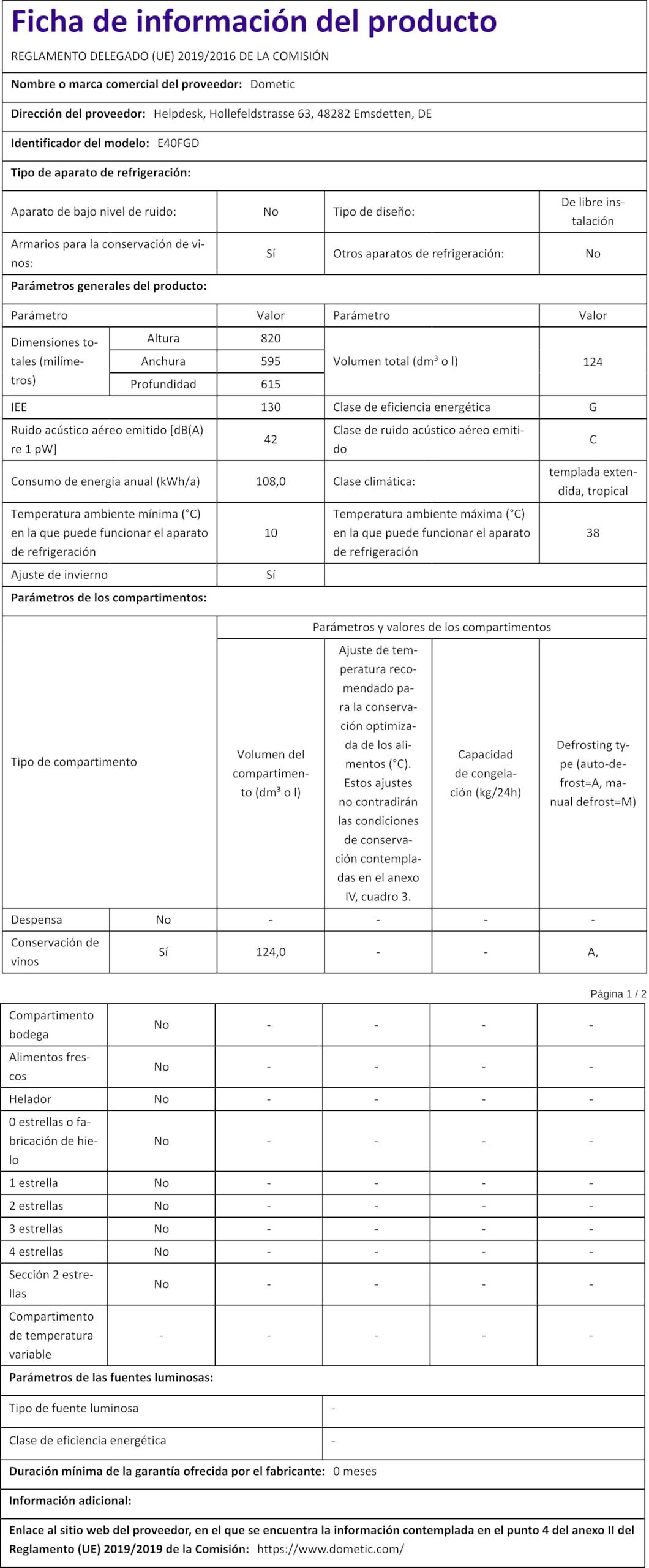 DOMETIC E40FGD Cave à vin avec 2 zones de température et double porte en verre pour 40 bouteilles Noir