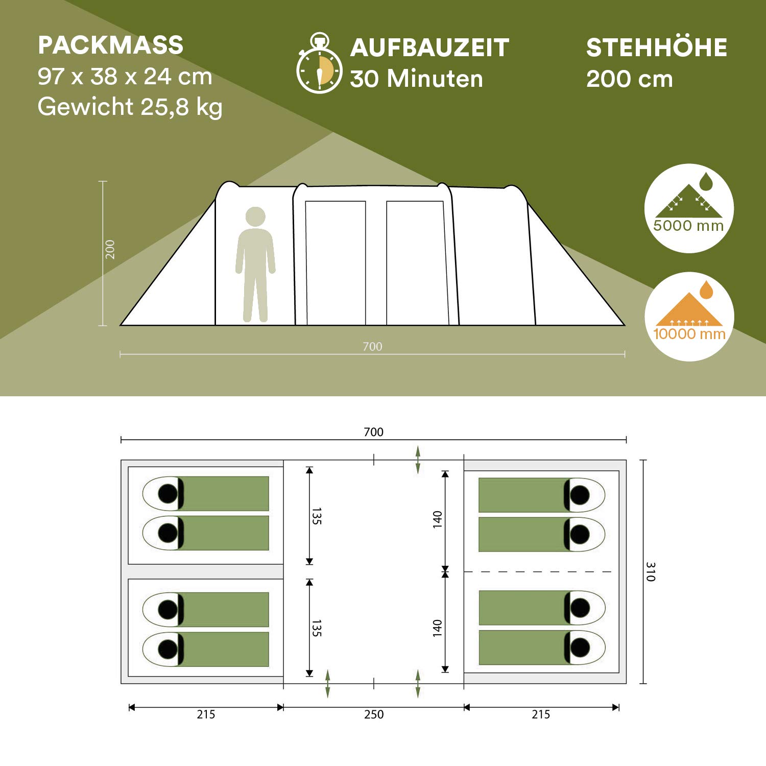 skandika Montana Protect 8 - Tienda campaña - túnel - 4 cabinas - 700x310cm - Suelo Cosido en Forma de bañera - Columna Agua 5000 mm