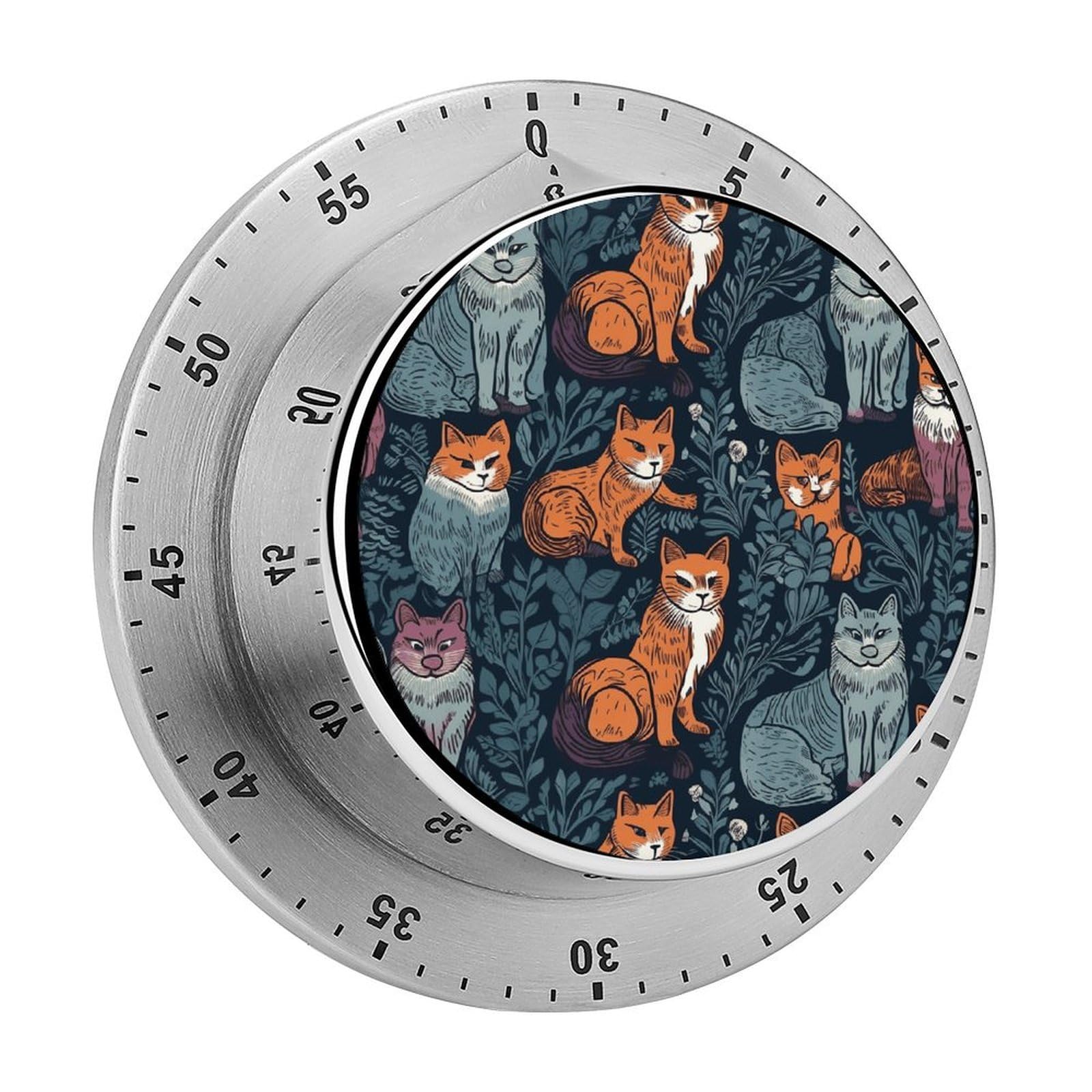 Mechanical Kitchen Timer with Magnetic Back, Stainless Steel Manual Cat Print Printed Timer for Cooking and Time Management