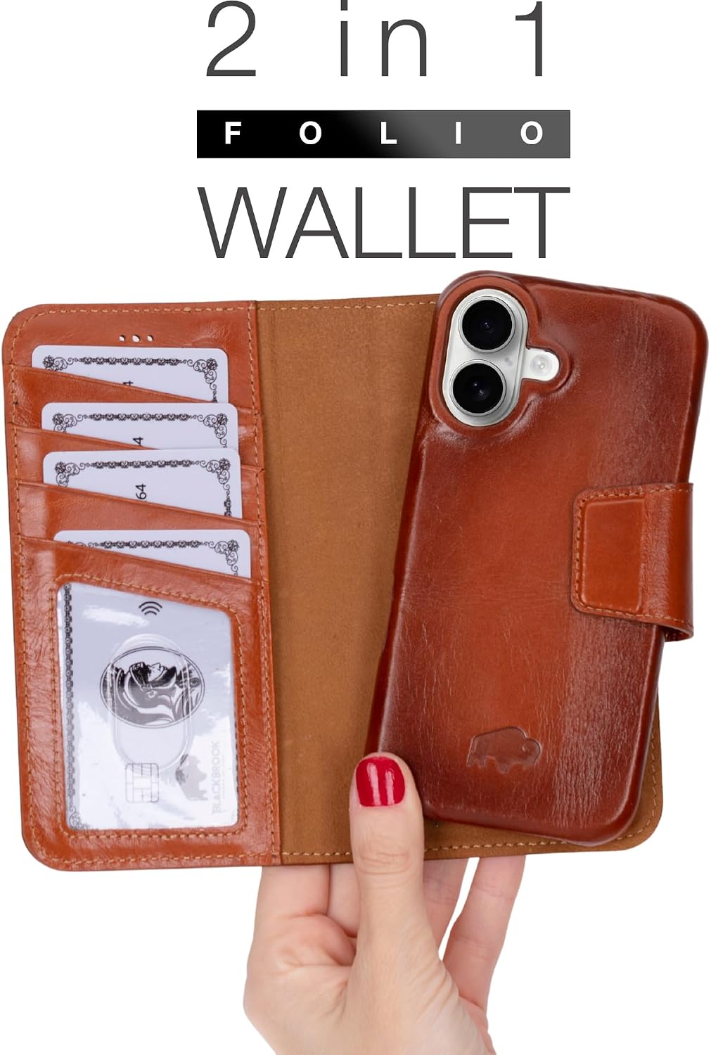 BLACKBROOK Wallet Case for iPhone 16 – Burkley 2-in-1 Detachable Folio, MagSafe Compatible, RFID Blocking – Full Grain Leather with Natural Patina, 3 Card Slots, Premium Gift Box