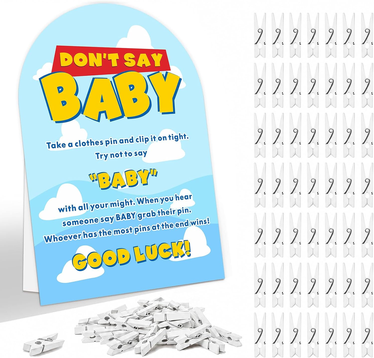 7x10 Inch Don’t Say Baby Shower Game Sign With 50 Clothespins & Paper Stand, Cute Cloud Theme Arch Table Sign, Interactive Baby Shower Party Decorations Supplies（B07）