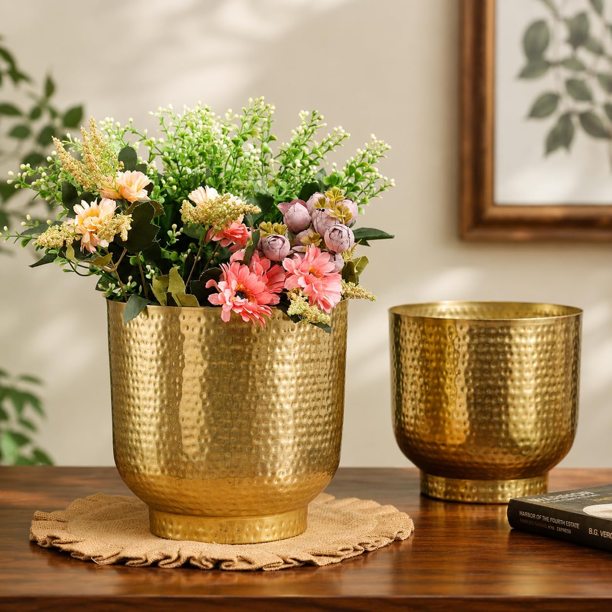 AHD Hammered Metal Gold Planter Pots Set of 2 (8 Inch & 7 Inch) | Decorative Indoor Outdoor Flower Pots | Durable Stylish Plant Containers for Home Garden Balcony Decor |-image-11