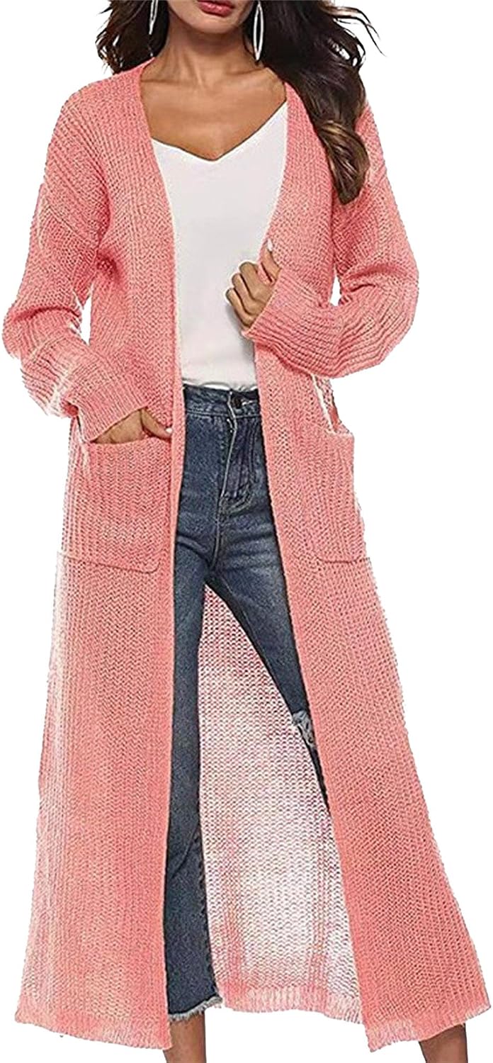 Womens Mesh Long Knee Length Cardigans Cable Knitted Open Front Outerwear Solid Color Sweater Coat with Pockets