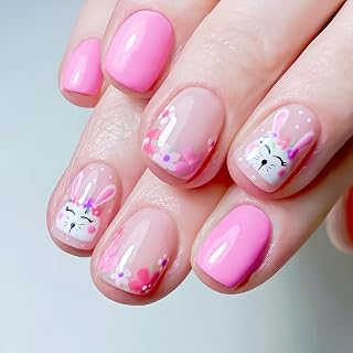24Pcs Pink Easter Bunny Press on Nails Square Short Fake Nails Flower French Tip Glue on Nails Easter Bunny Design Acrylic Nails Bunny False Nails Stick on Nails Glossy Artificial Nails for Women Girl
