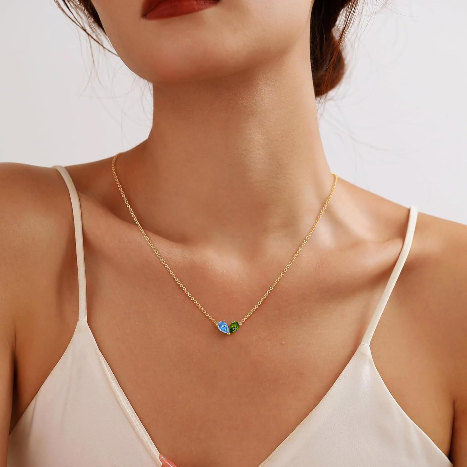 Turandoss Double Birthstone Necklace - 14K Dainty Gold Plated Necklaces for Women, Birthstone Necklace for Women Girls Kids Jewelry Christmas Gifts for Teens