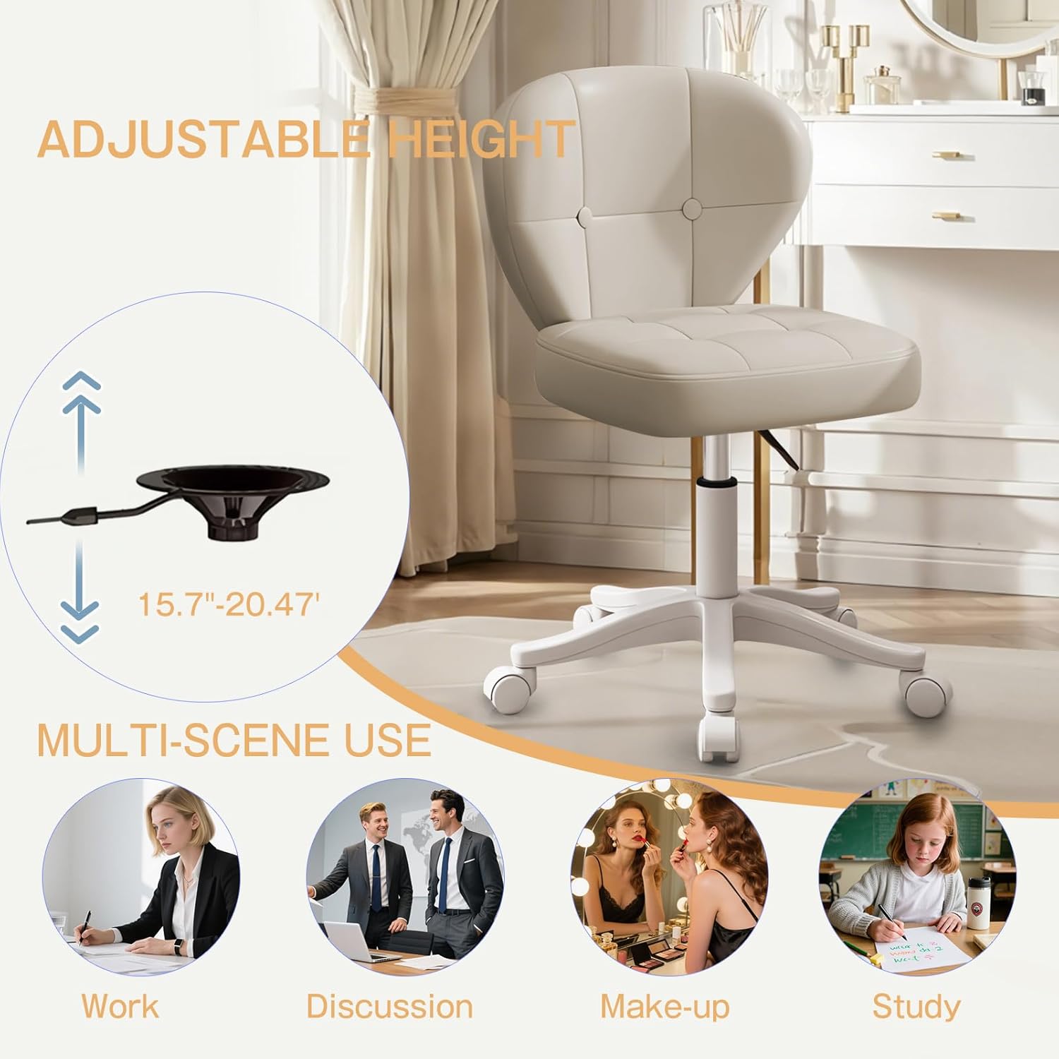 Small Office Chair with Lumbar Support, PU Leather Armless Swivel Desk Chair Adjustable Height, Compact Rolling Chair for Home Office, Bedroom, Study 1White