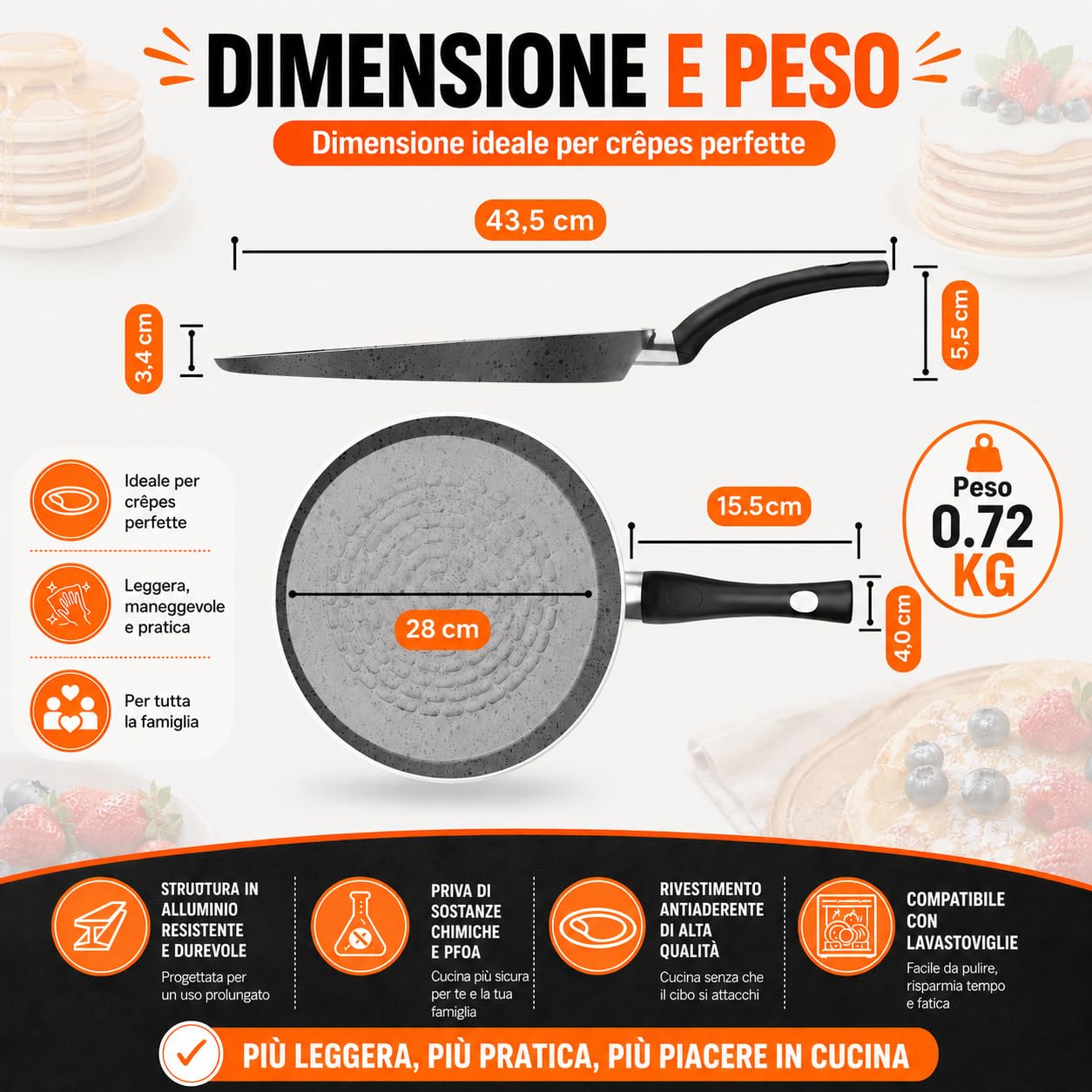 TEHORNEO Padella Crepes, Padella per Crepes 28 cm Alluminio Antiaderente, Crepiera, Padella per Piadina, Padella Piadina, Crepiera Induzione 28 cm, Adatto a Induzione, Vitro, Gas