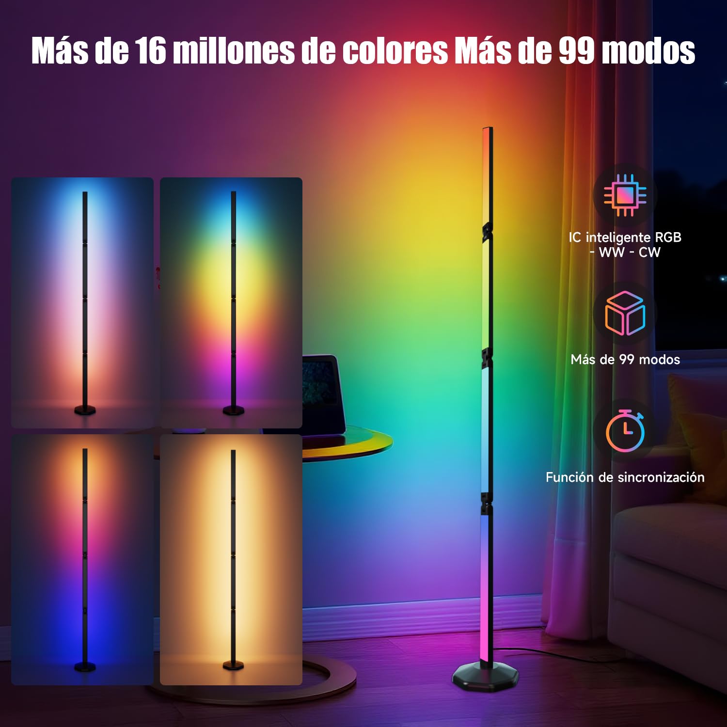 171cm Lampara de Pie Plegable, Smart Regulable RGB Luces LED | 2200 LM con Control Remoto y APP, Sinc Musica, Temporizador Función, 99+ Modos de Escena, Lampara Salon, Dormitorio, Cama