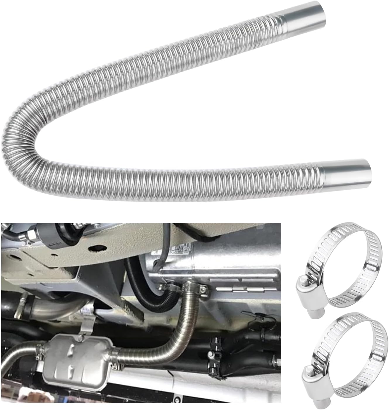 23.62" Stainless Steel Exhaust Pipe with 2PCS Hose Clamp,Automotive Replacement Exhaust Pipes Flexible Exhaust Tubing for Diesel Air Heater