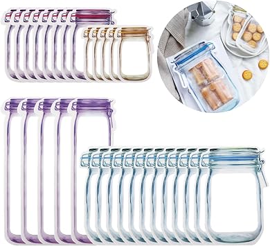 30Pcs Mason Jar Zipper Bags Reusable Snack Bags Portable Food Storage Snack Zipper Bags Food Saver Storage Bags Zipper Sealed Bags for Kitchen Travel Camping Picnic Organizer 5S 8M 12L 5T