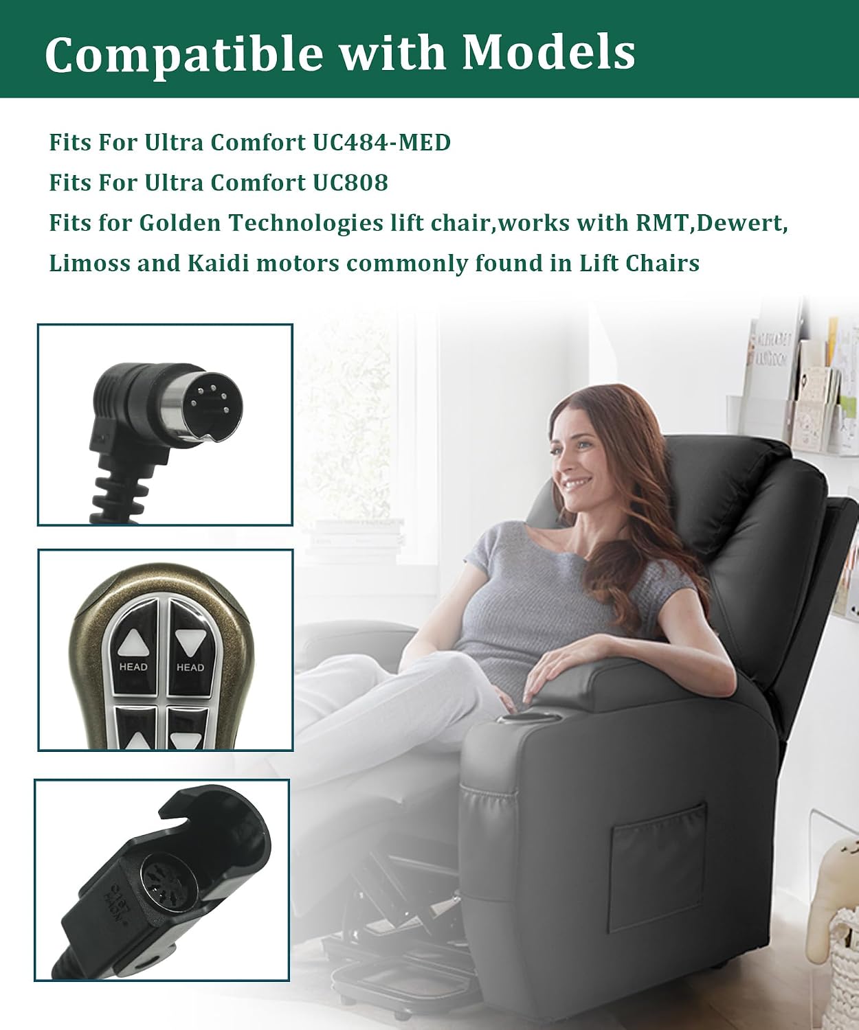 4 Button 5 Pin Remote Hand Control ZK1300-HC Fits for Power Recliner Lift Chairs with Backlight,Fits for Ultra Comfort UC484-MED,UC808