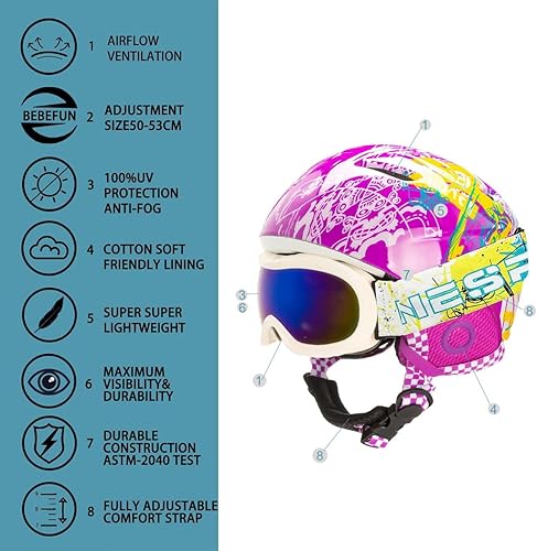 Miniatura 5 de BeBeFun Casco de esquí para niños y niños, casco de snowboard ultra ligero, tamaño pequeño para niños de 2 a 6 años, certificado ASTM
