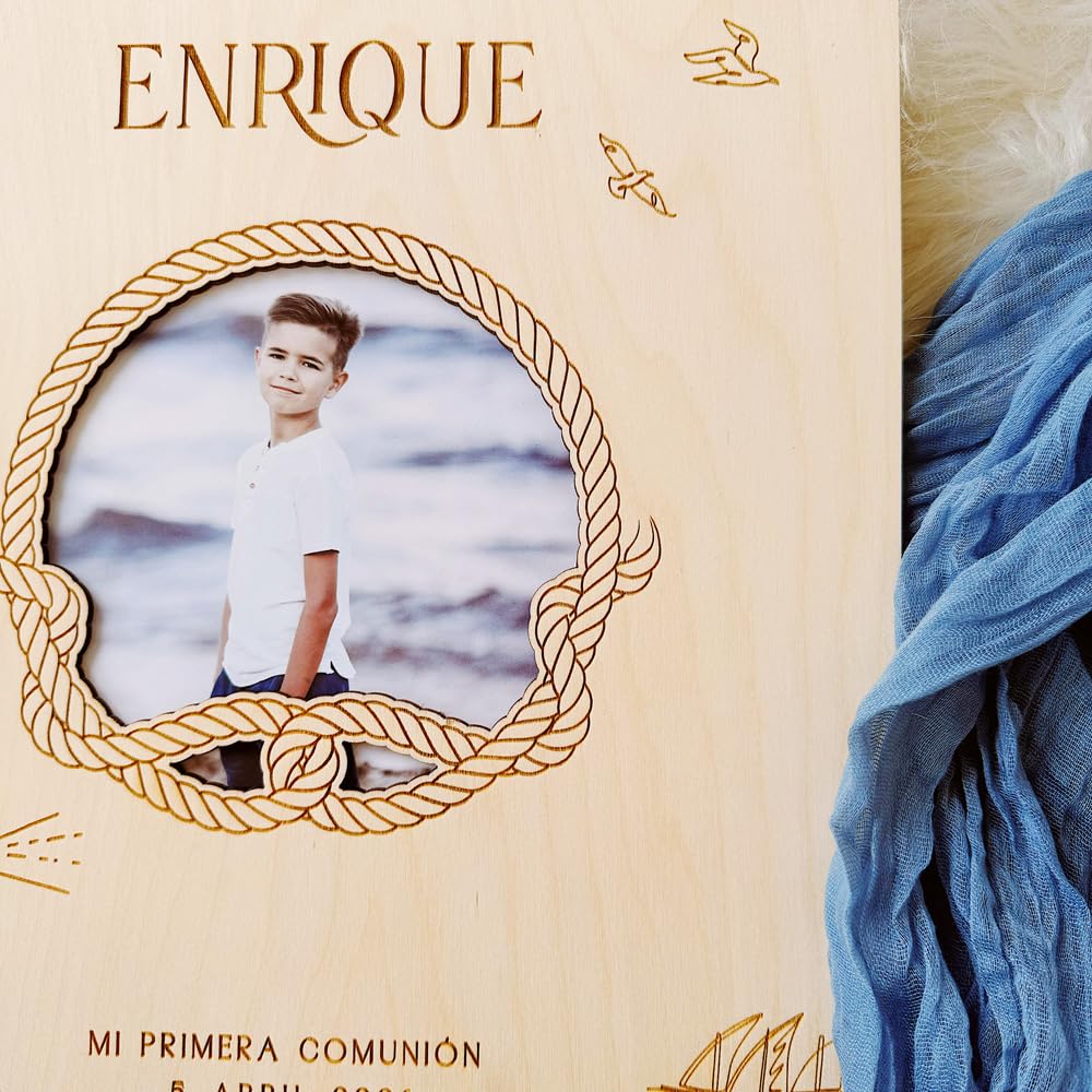 MONAMI - Libro de firmas Personalizado con Foto. Álbum Libro de firmas para Boda, comunión o Bautizo. Grabado en Madera de Abedul, 30 páginas. Realizado artesanalmente en España.