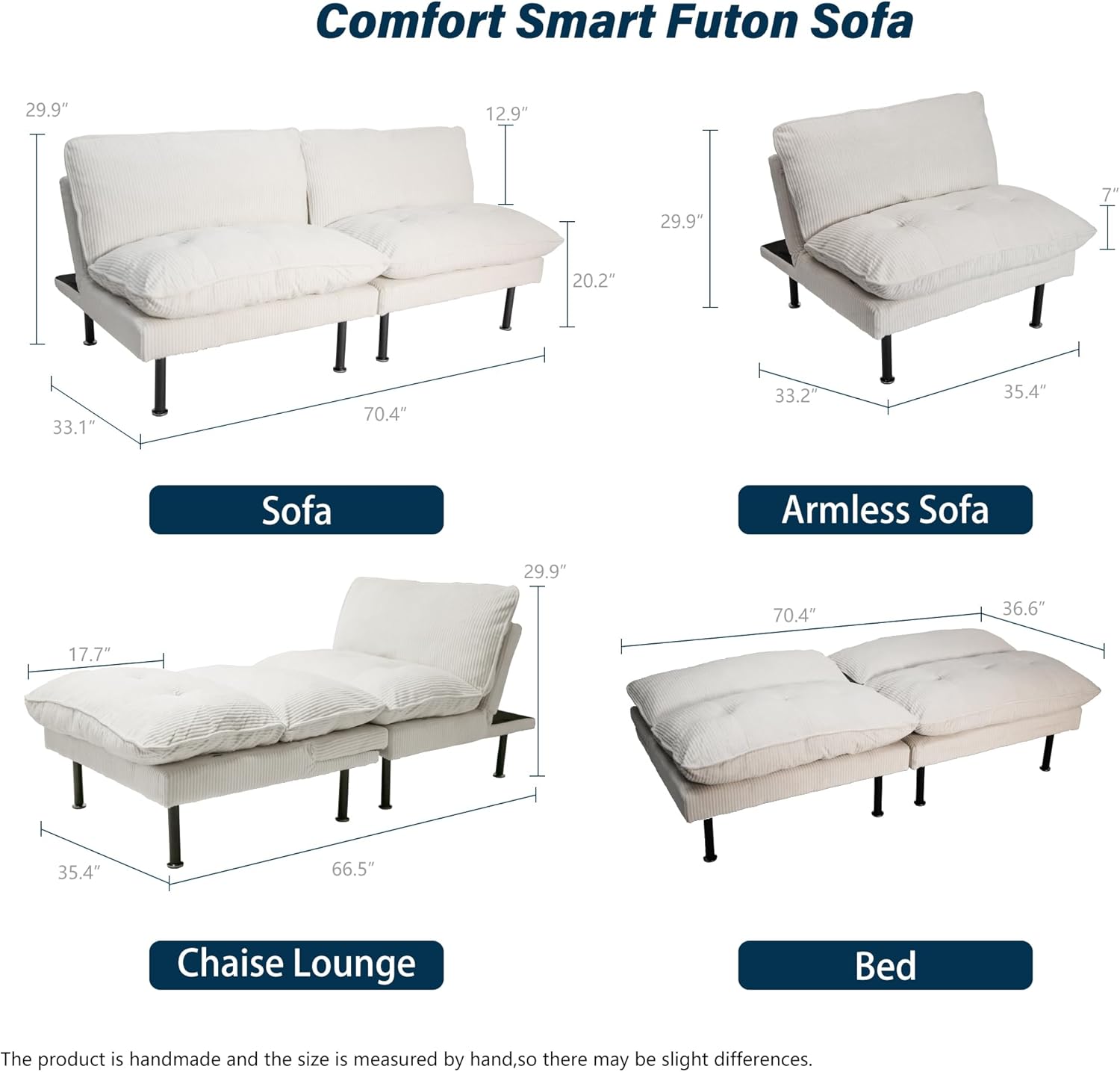 2 Sets 70" Futon Sofa Bed, 4 1 Multi-Function Couch Sleeper with Adjustable Backrest, Modern Convertible Futon, Recliner Small Loveseat for Living Room, Beige