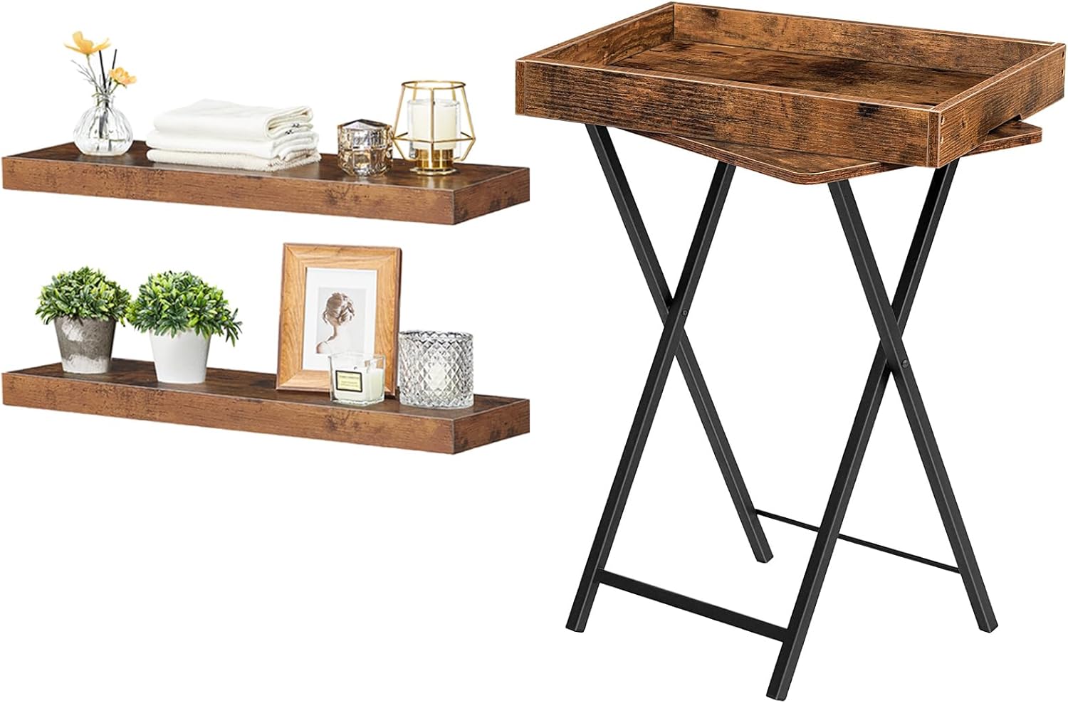 HOOBRO TV Tray Table and 23.6 Inch Floating Shelves, Folding Table with Removable Serving Tray, Wall Shelf Set of 2, Stable TV Tray Snack Side Table, Hanging Shelf, BF29BZ01-BF60BJ01