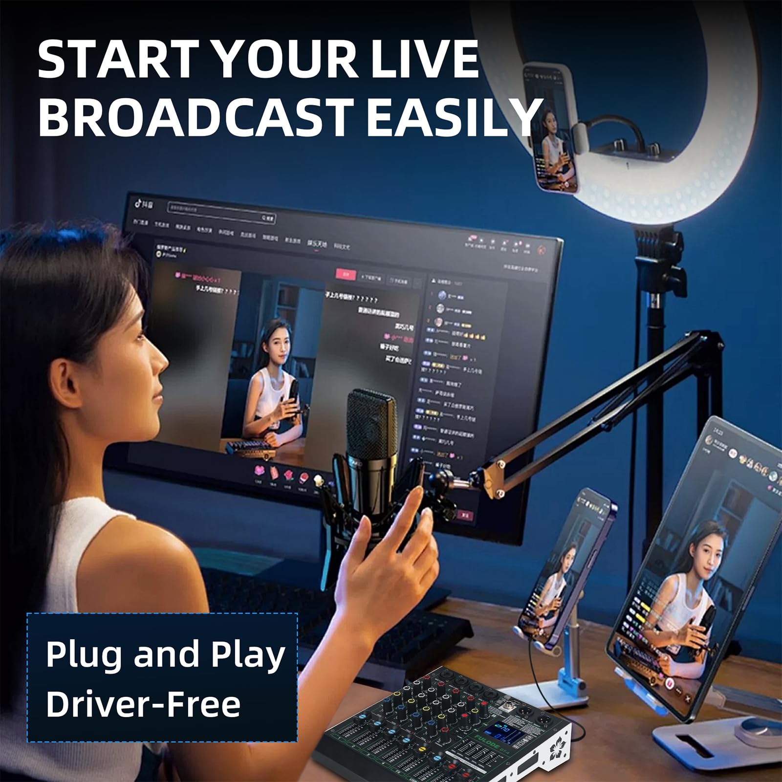 DT-4 Professioneller 4-K-Audio-Mixer, DJ-Controller-Soundboard-Mixing mit 99 DSP-Effekten, 5-Band EQ/4 XLR-Schnittstellen und USB für Live-Streaming und Aufnahme, 48 V Phantomspeisung und