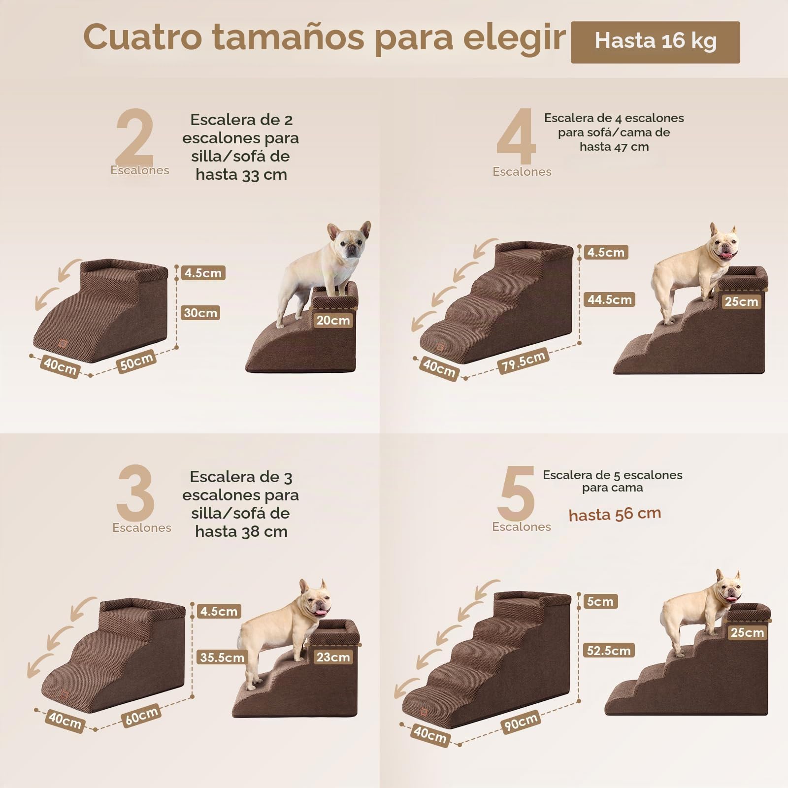 EHEYCIGA Escalera Perros 3 Peldaños, Rampa Perro Cama y Sofá, Marrón