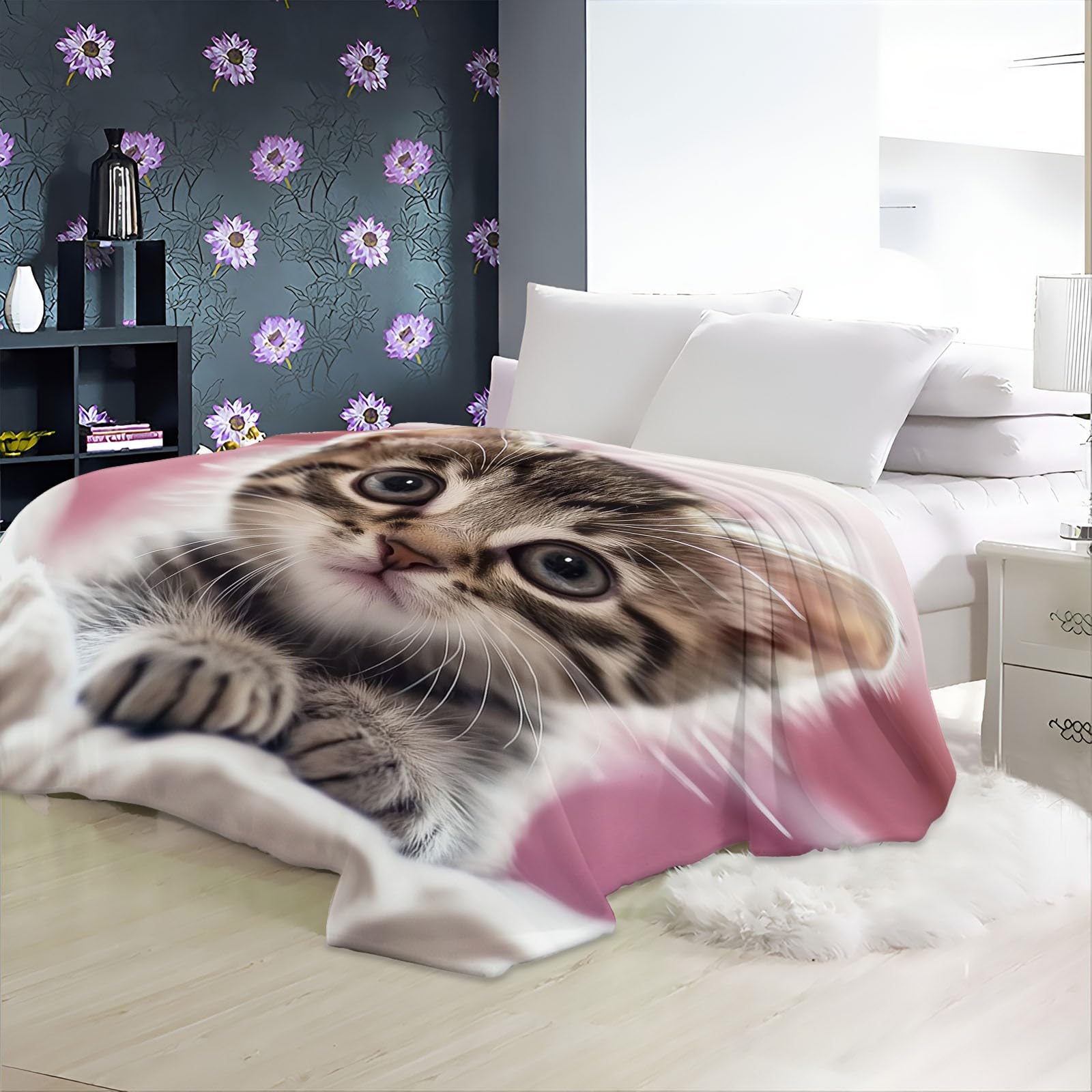 Miękki i lekki koc polarowy, uroczy kot fotografia oddychający koc flanelowy, zmywalny koc, 200 x 200 cm, odpowiedni do sofy w łóżku i na pikniki