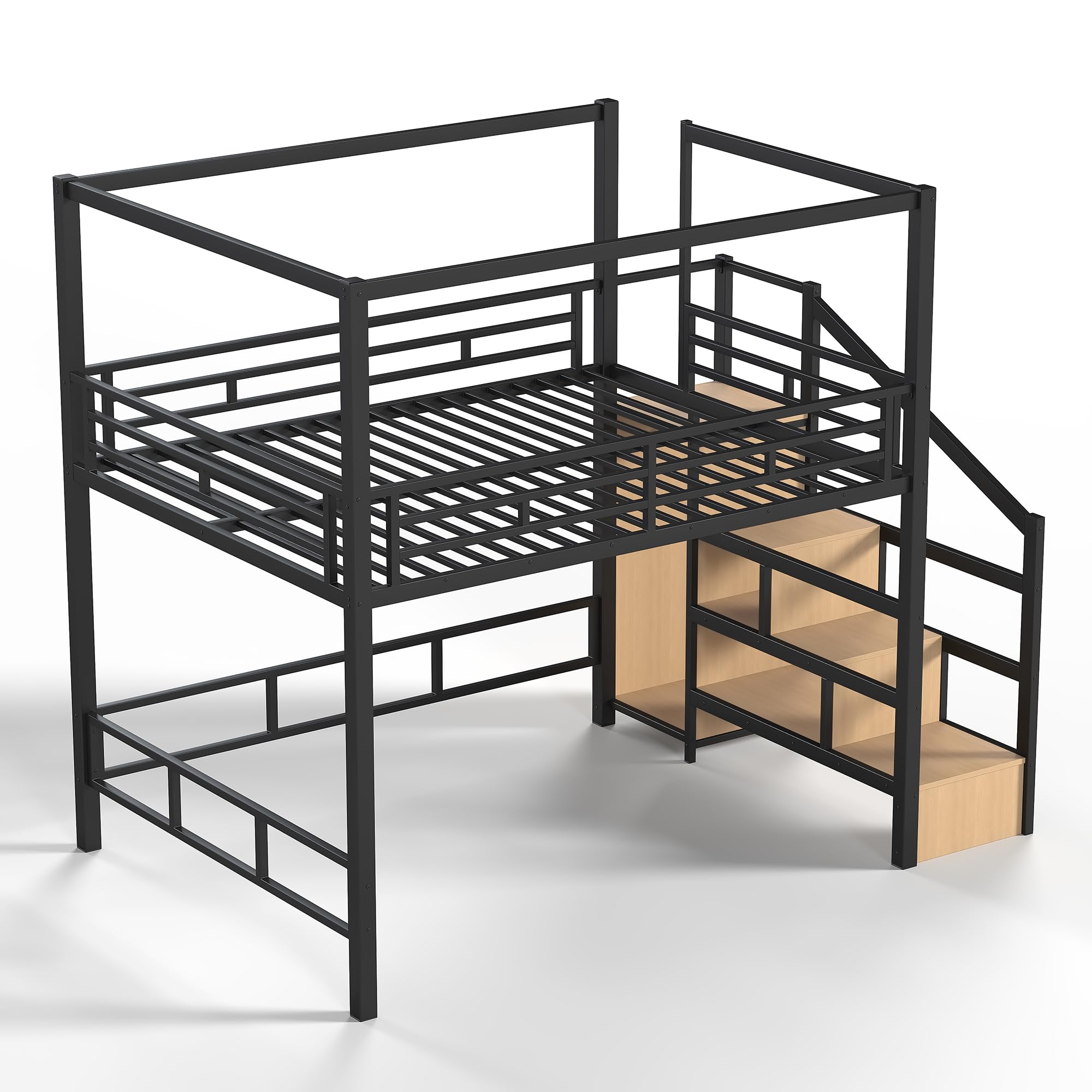 View 1 of *** missing pieces *** [WHITE] KEIKI Queen Metal Loft Bed with Storage Stairs & Wardrobe, Black